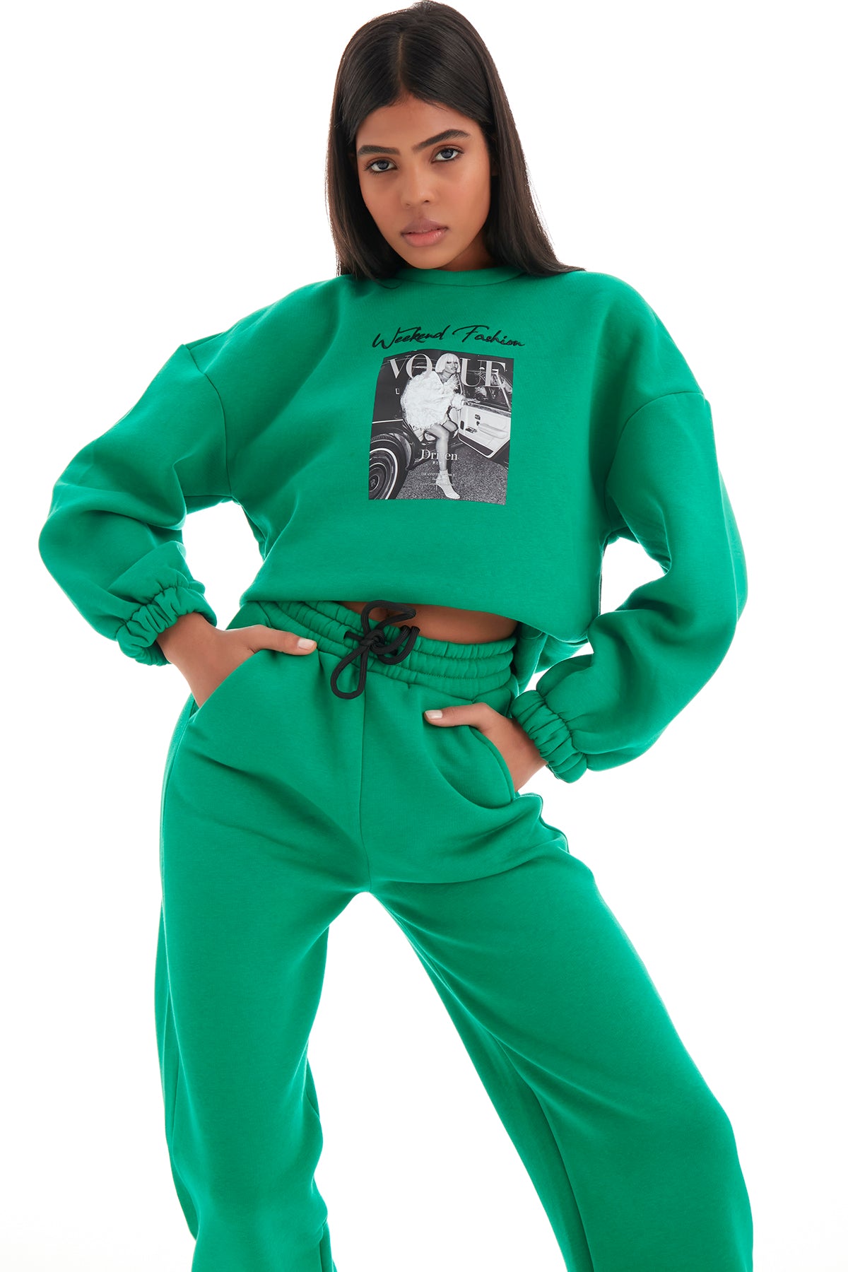 Kadın Yeşil Renk Üç İplik İçi Şardonlu Önü Baskılı Sweatshirt