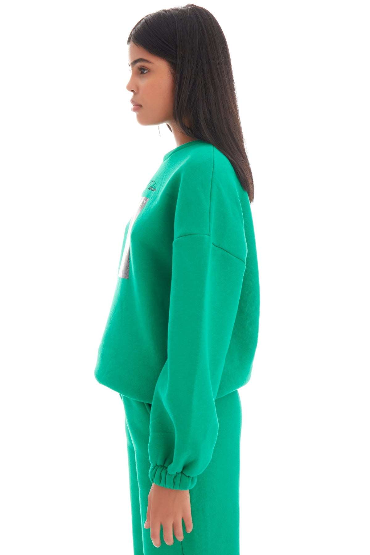 Kadın Yeşil Renk Üç İplik İçi Şardonlu Önü Baskılı Sweatshirt