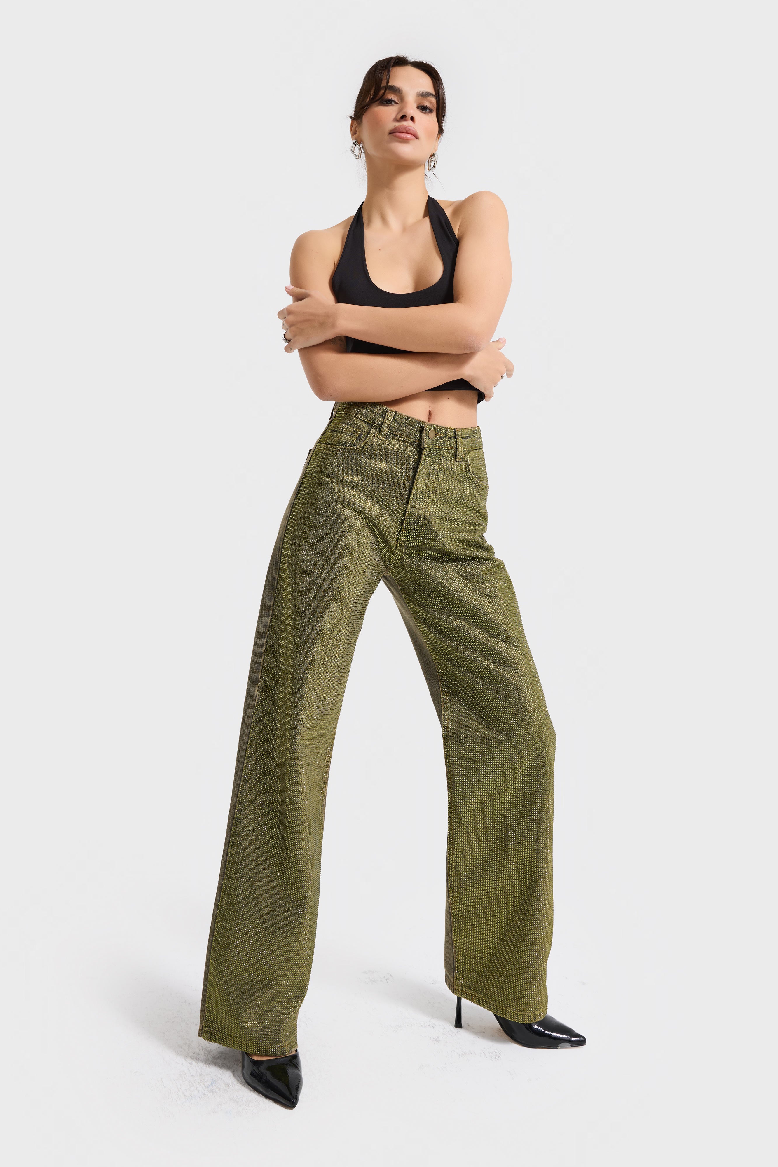 Kadın Yeşil T-3w5-141 Straight Fit Ful Parlak Taşlı Özel Tasarım Denim Jean