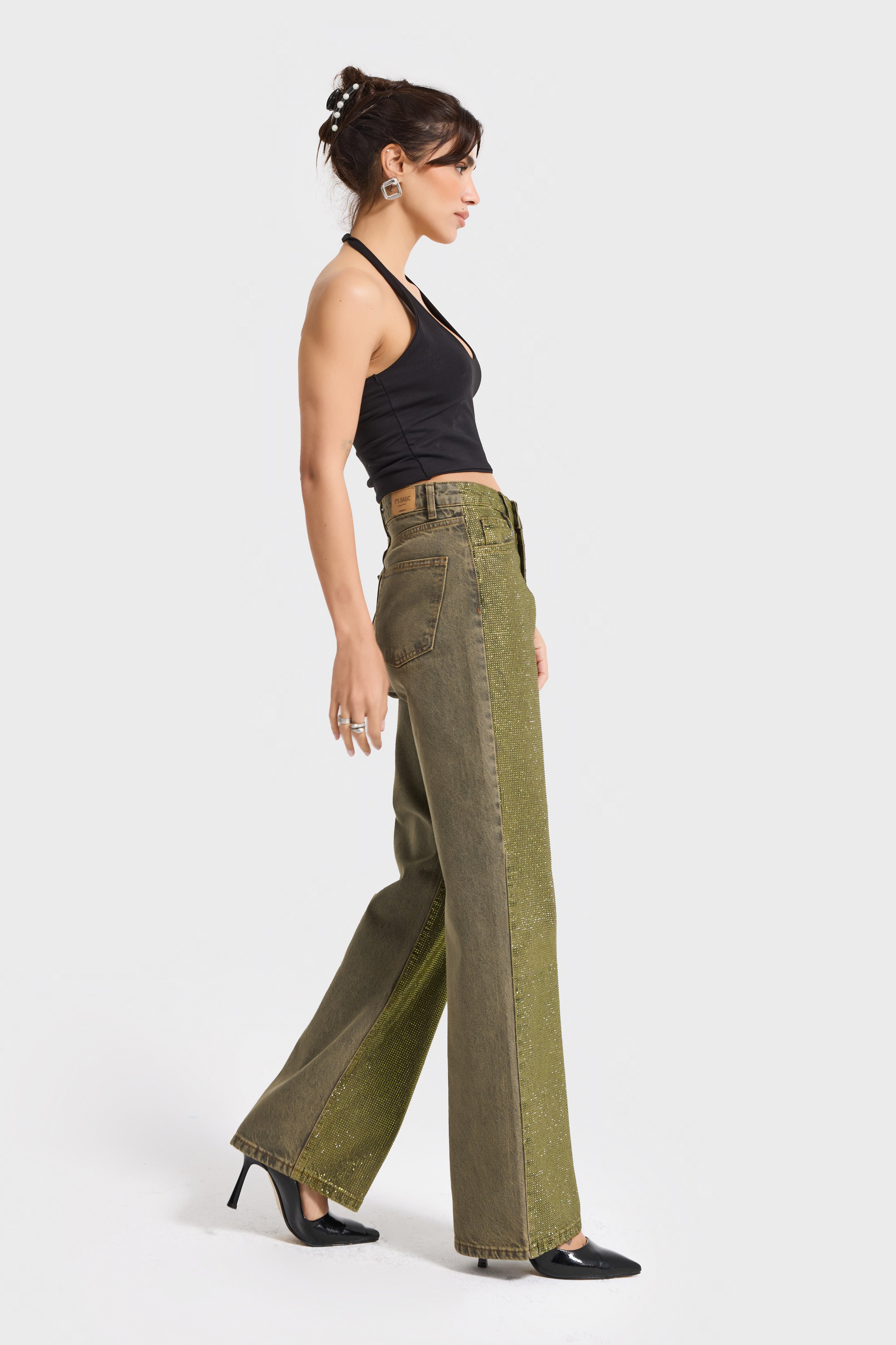 Kadın Yeşil T-3w5-141 Straight Fit Ful Parlak Taşlı Özel Tasarım Denim Jean