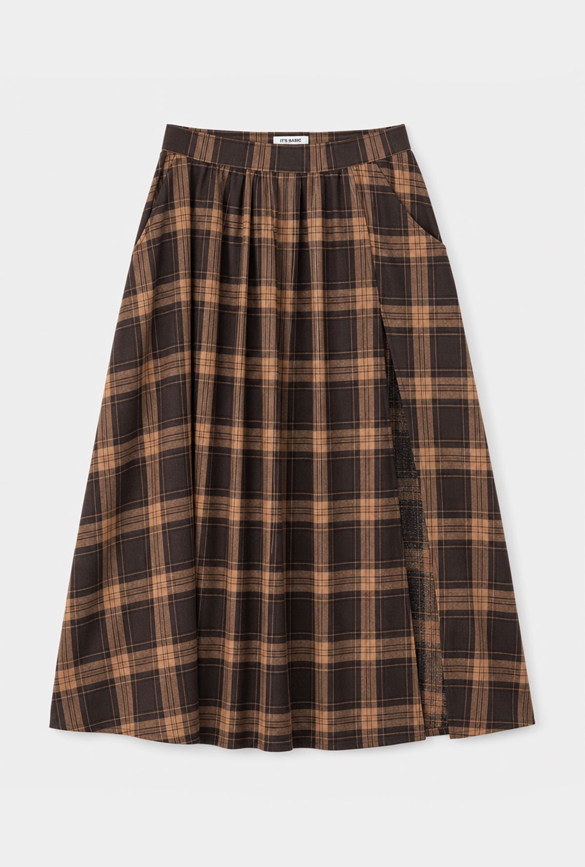 Women's Coffee Plaid s6-14 Maxi Length Slit Detailed Cotton Skirt