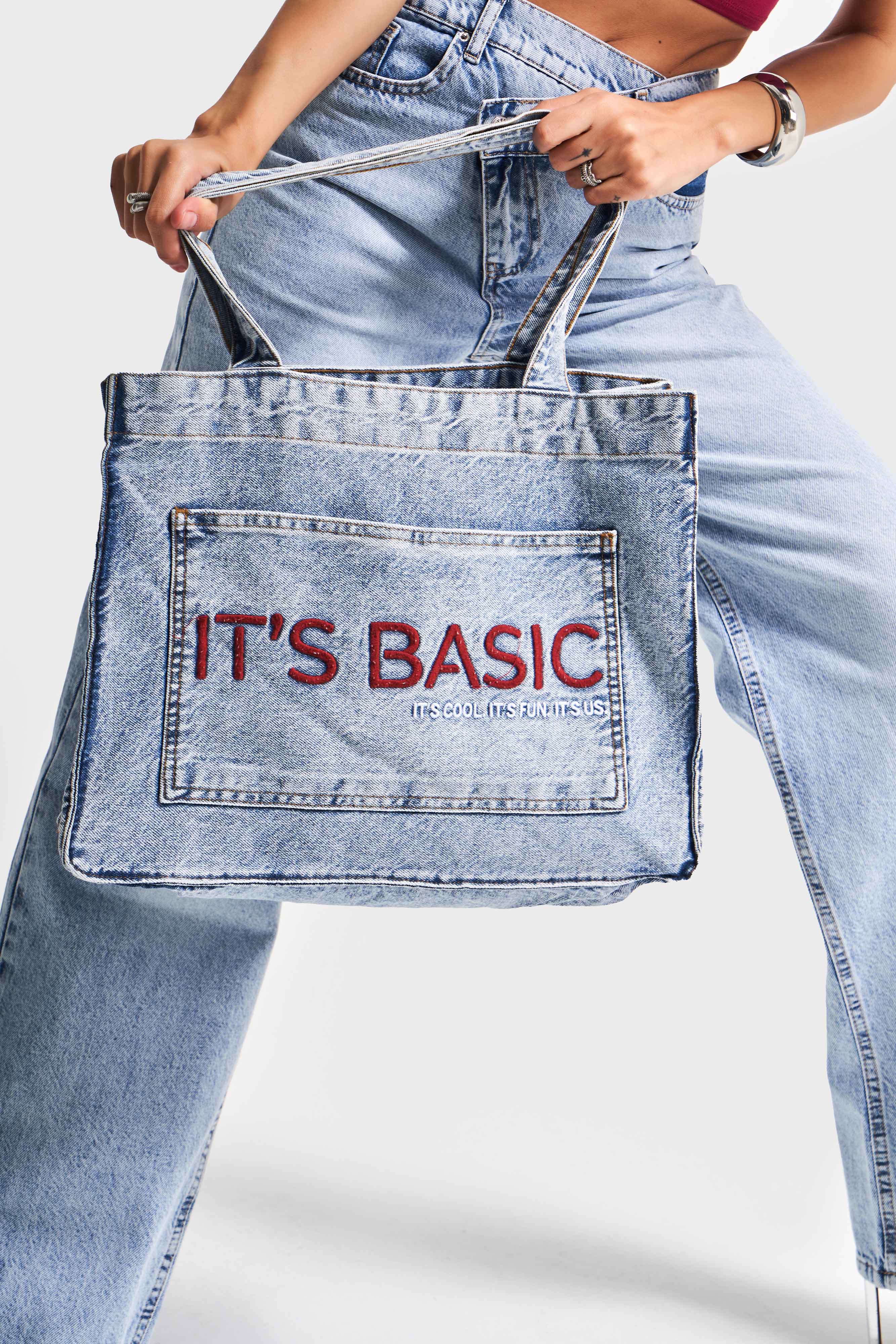 Kot Rengi 1-B-3w4-27 It's Basic Bordo Nakışlı Körüklü Askılı Denim Çanta