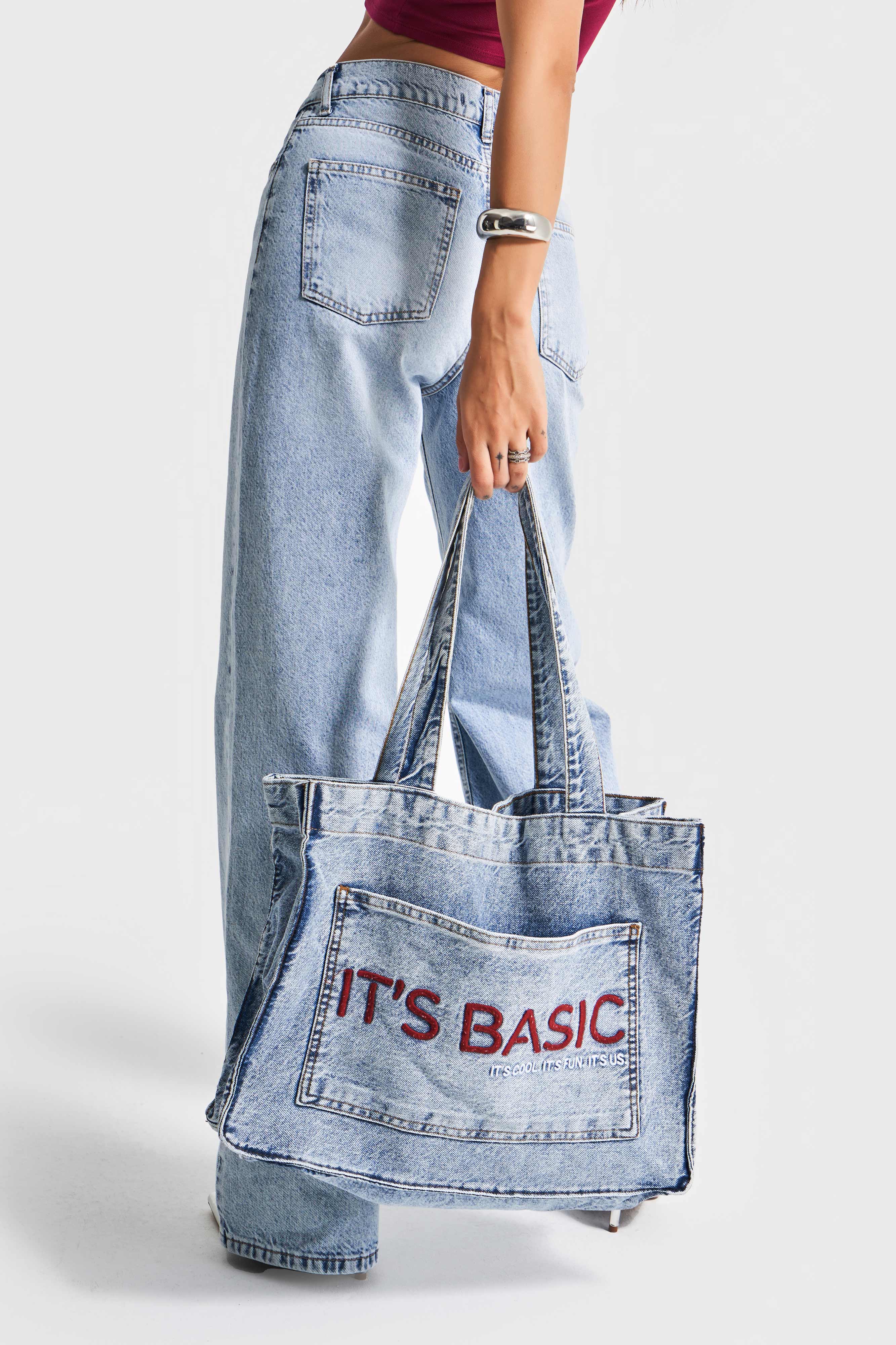 Kot Rengi 1-B-3w4-27 It's Basic Bordo Nakışlı Körüklü Askılı Denim Çanta