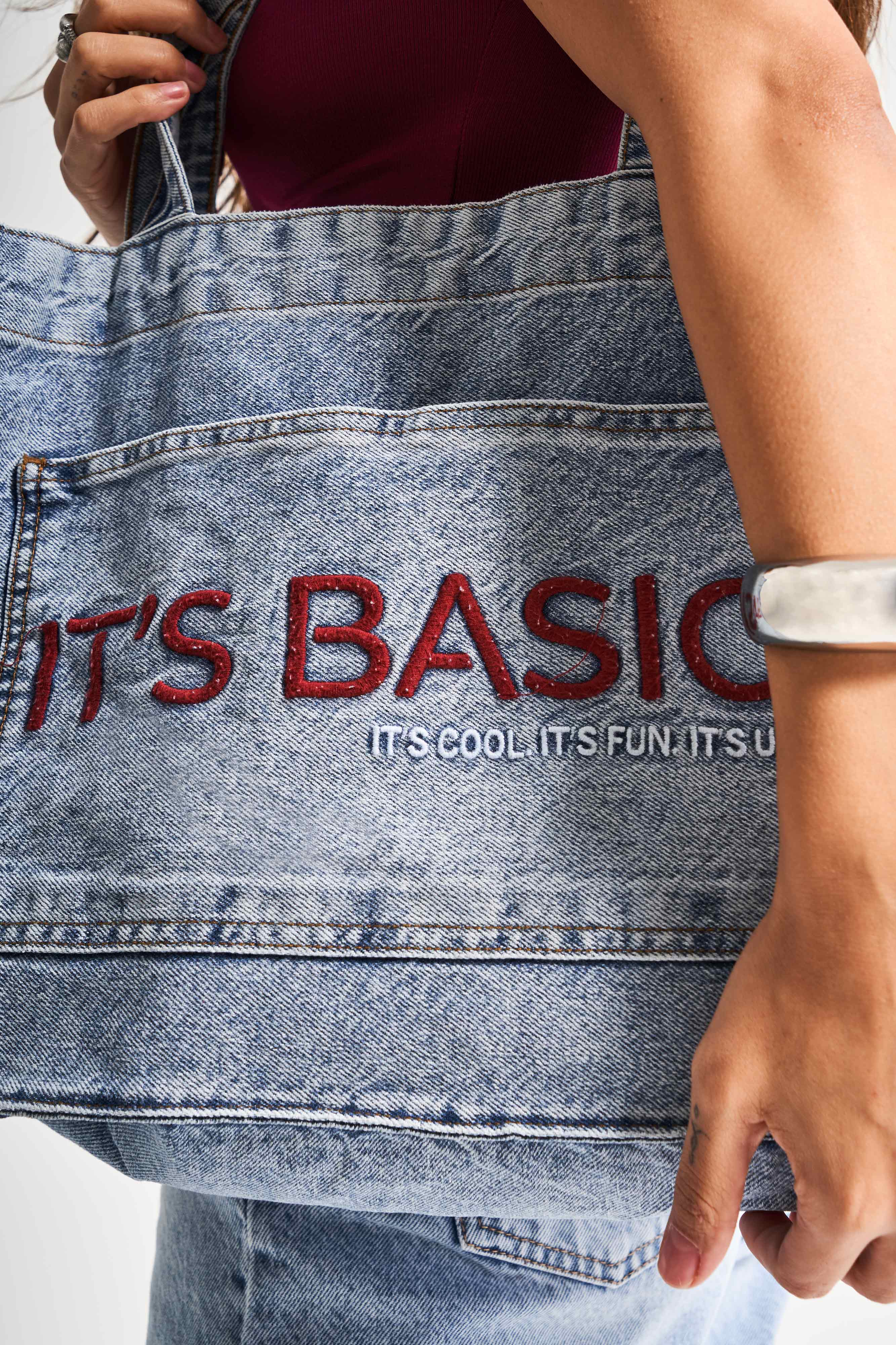 Kot Rengi 1-B-3w4-27 It's Basic Bordo Nakışlı Körüklü Askılı Denim Çanta
