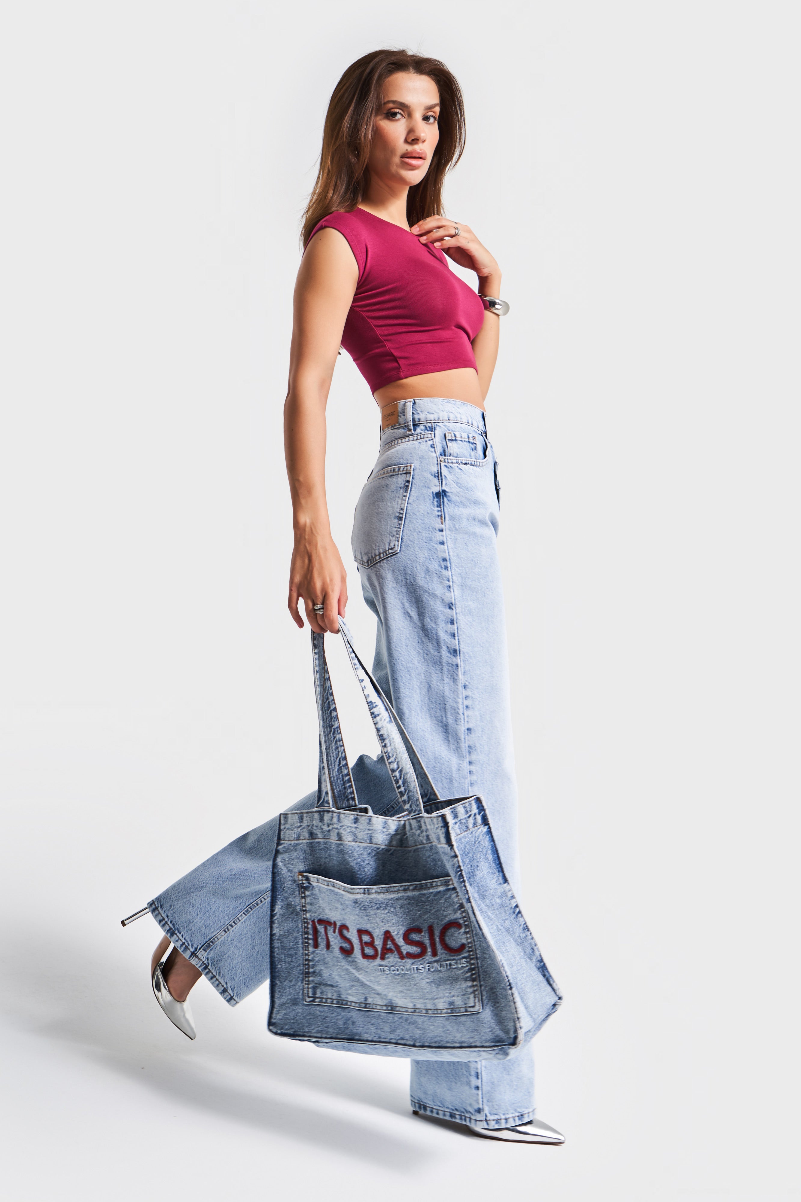 Kot Rengi 1-B-3w4-27 It's Basic Bordo Nakışlı Körüklü Askılı Denim Çanta