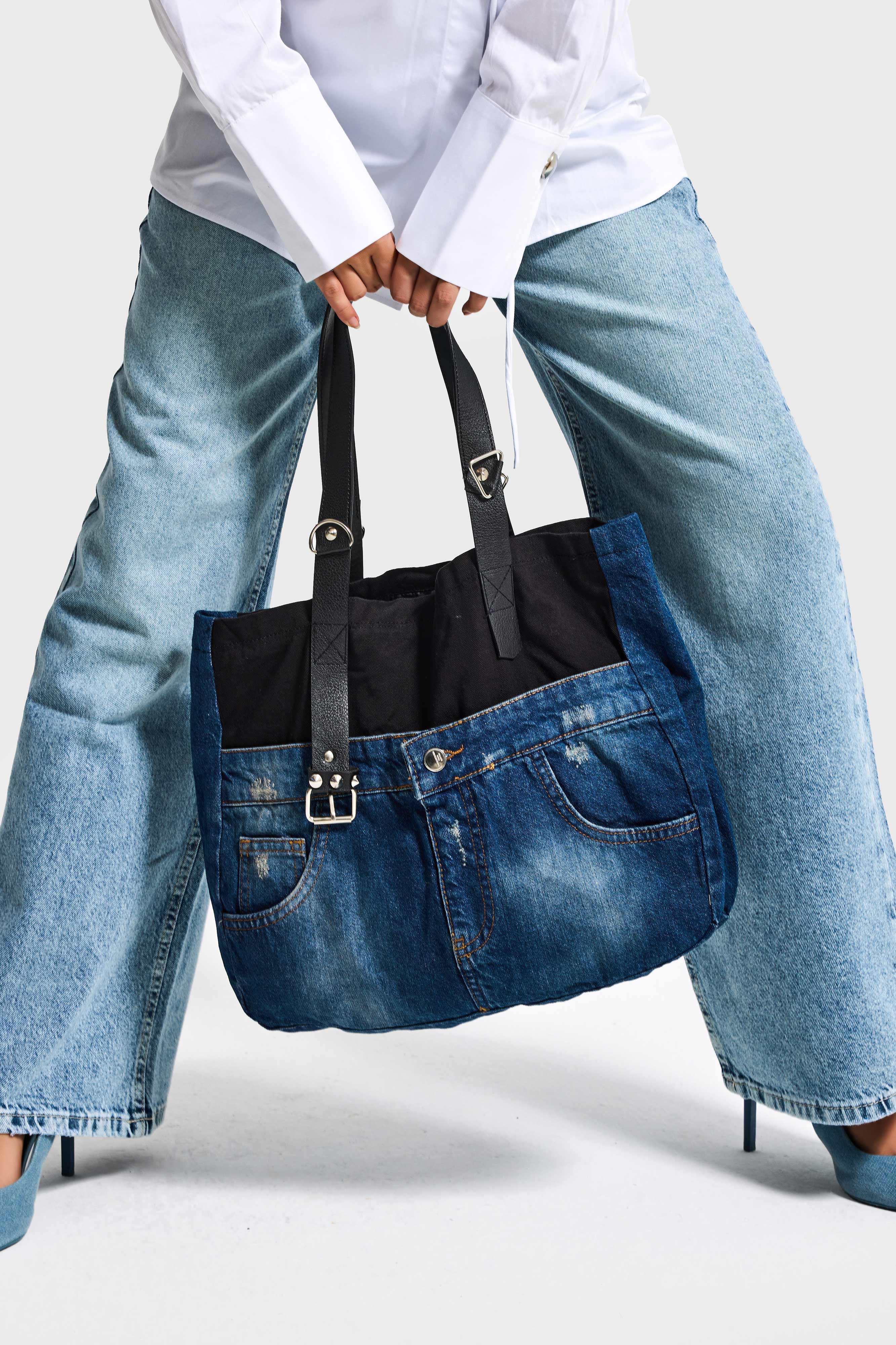 Kot Rengi Deri Askılı Özel Tasarım Denim Çanta