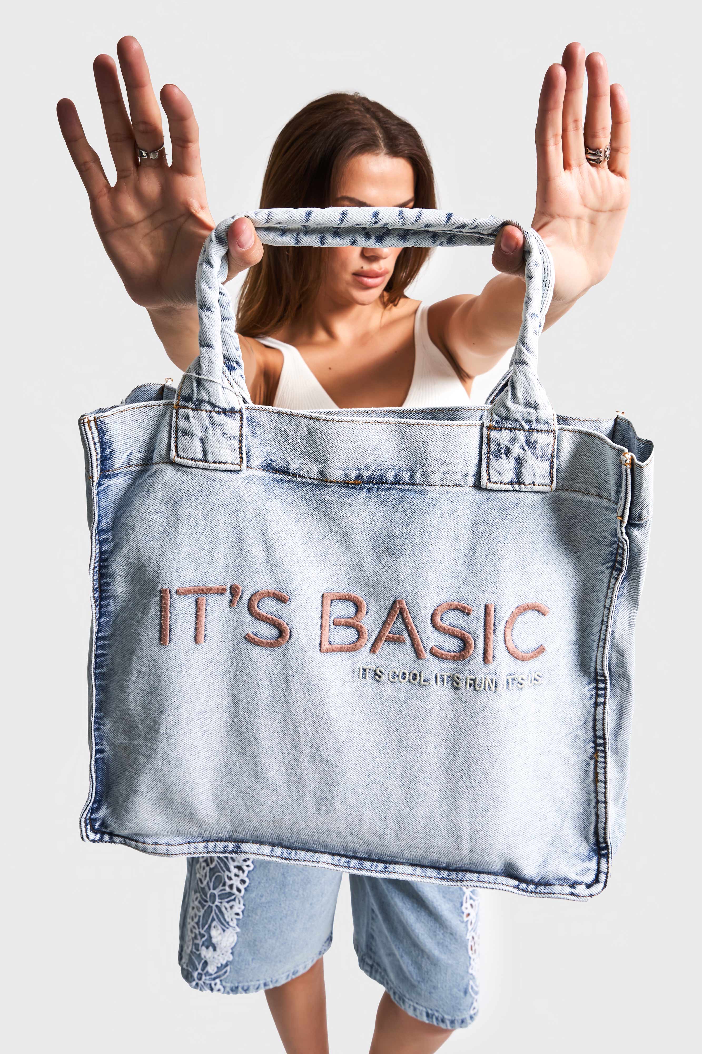 Kot Rengi P-3W4-27 It's Basic Nakışlı Körüklü Askılı Denim Çanta