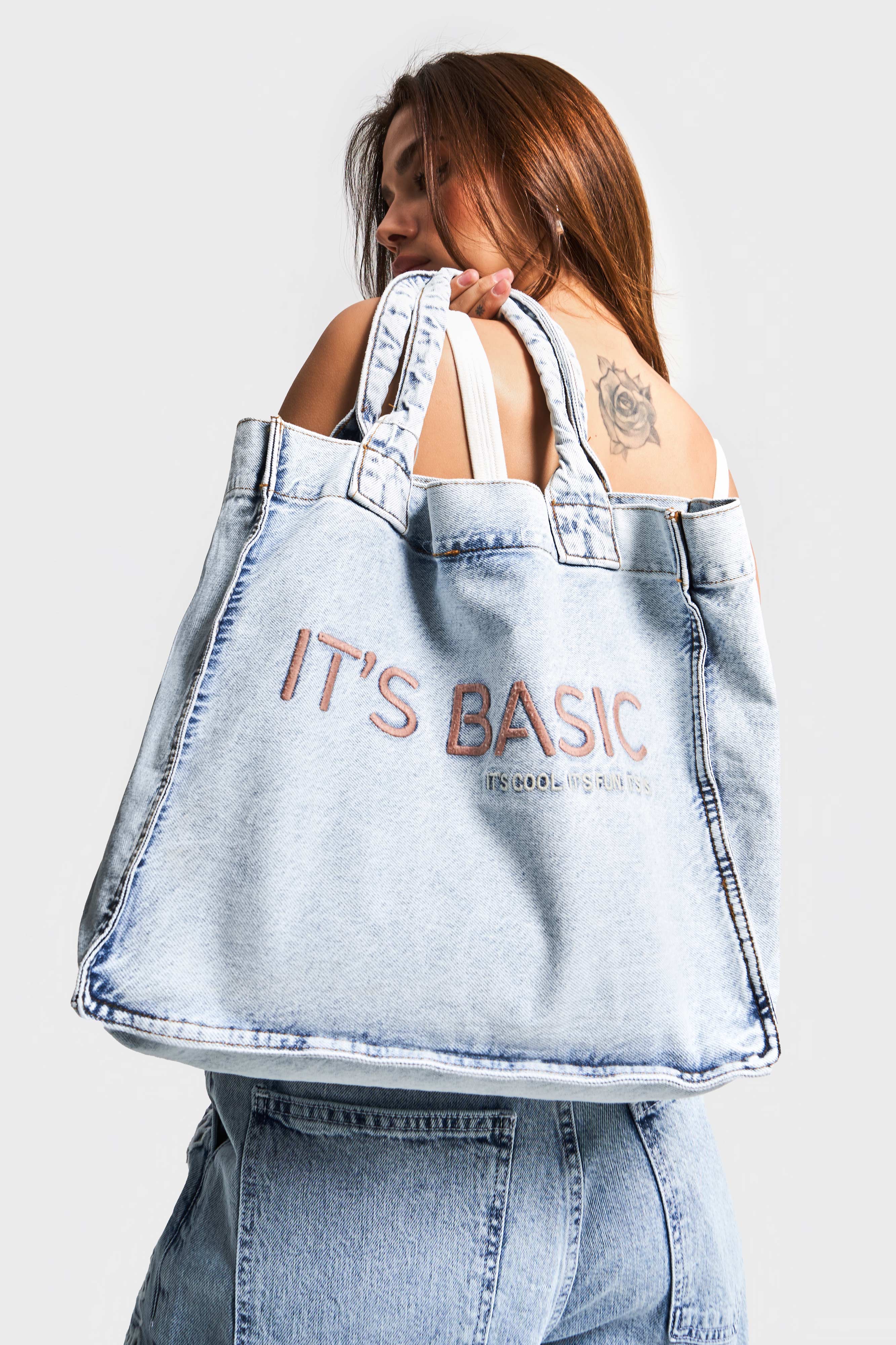 Kot Rengi P-3W4-27 It's Basic Nakışlı Körüklü Askılı Denim Çanta