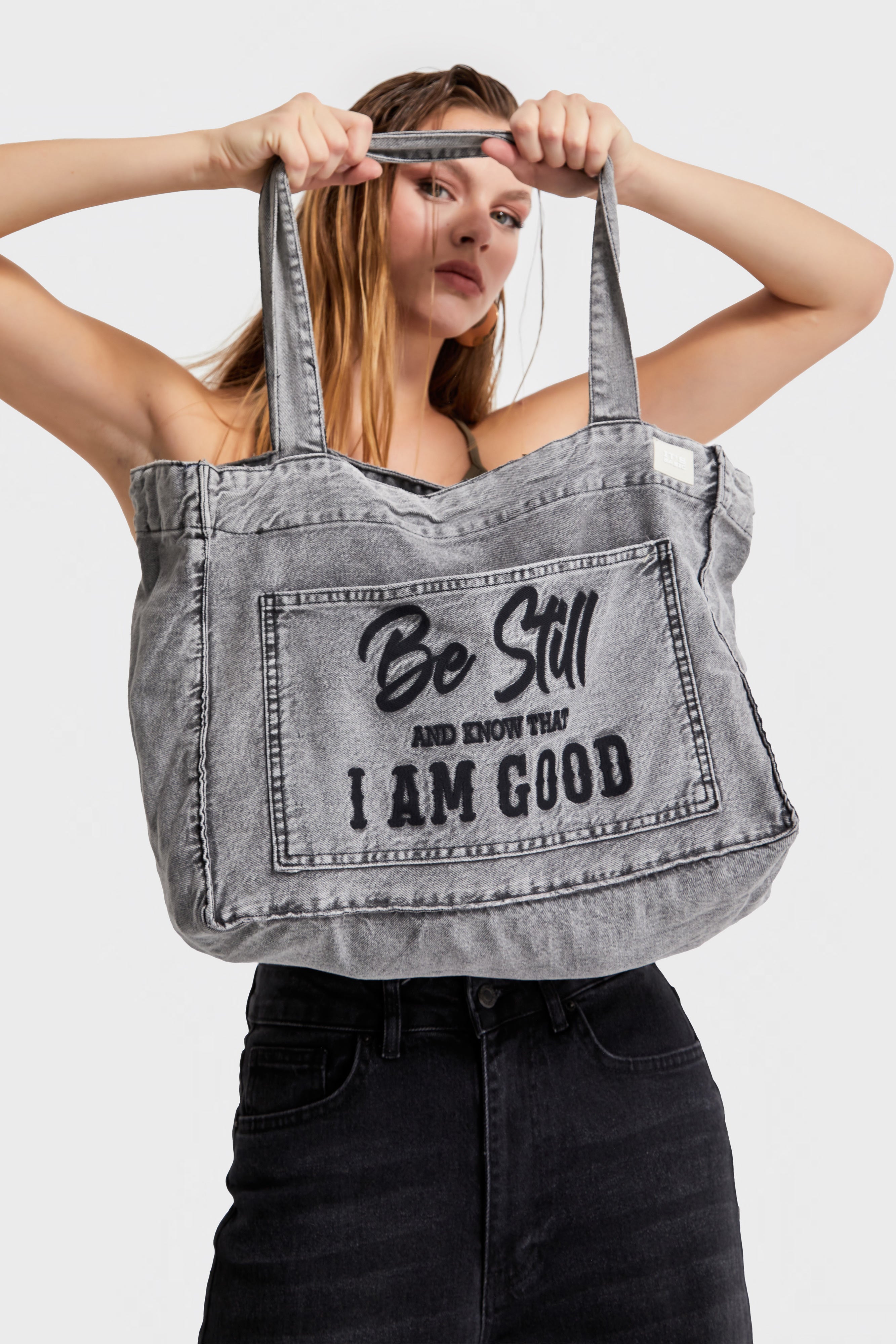 Dark Smoke Color Printed Gusseted Shoulder Denim Bag