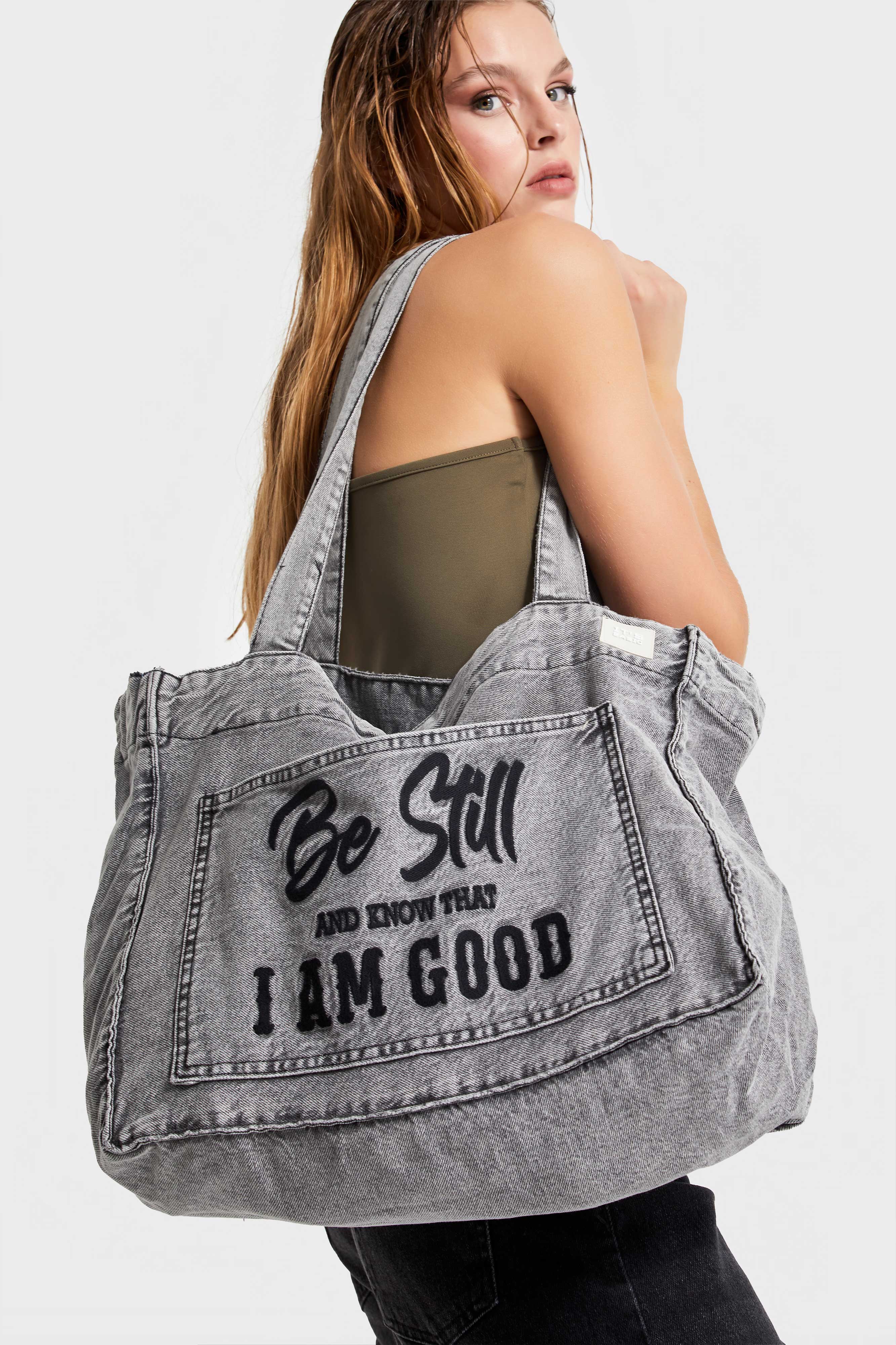 Dark Smoke Color Printed Gusseted Shoulder Denim Bag