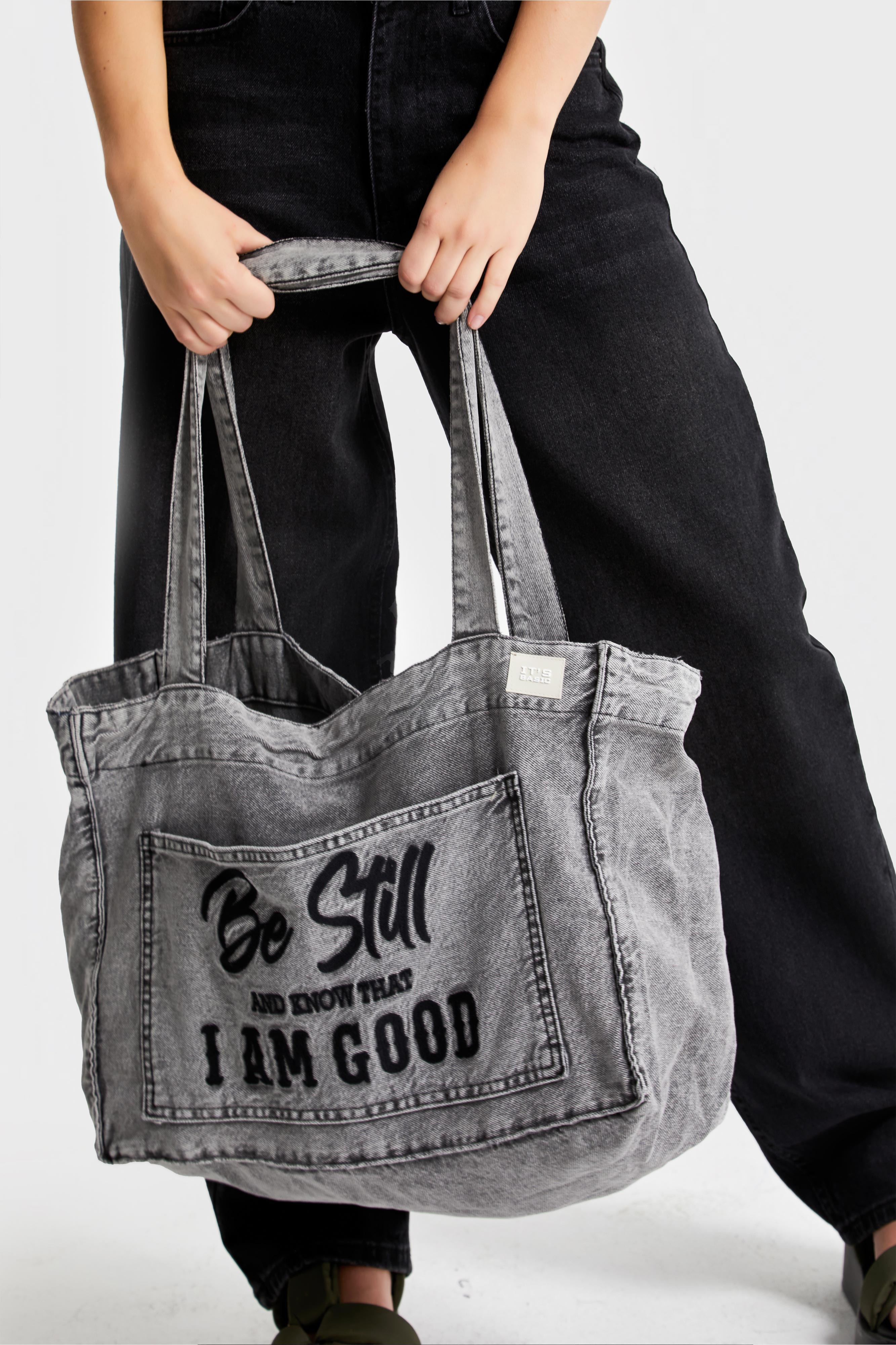 Dark Smoke Color Printed Gusseted Shoulder Denim Bag