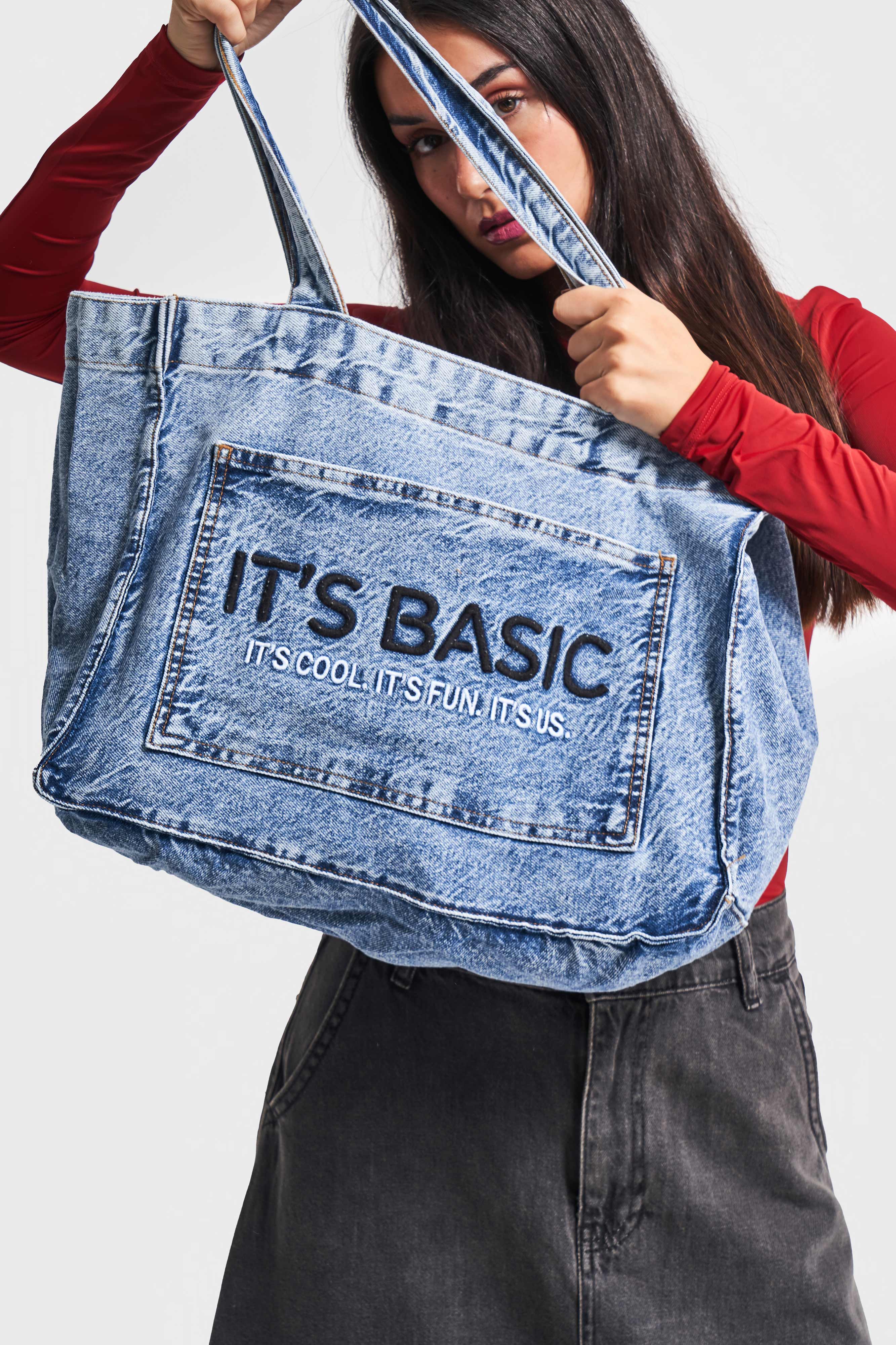 Dark Blue Color S3w427 Blue IT'S BASIC Embroidered Gusseted Pocket Denim Bag