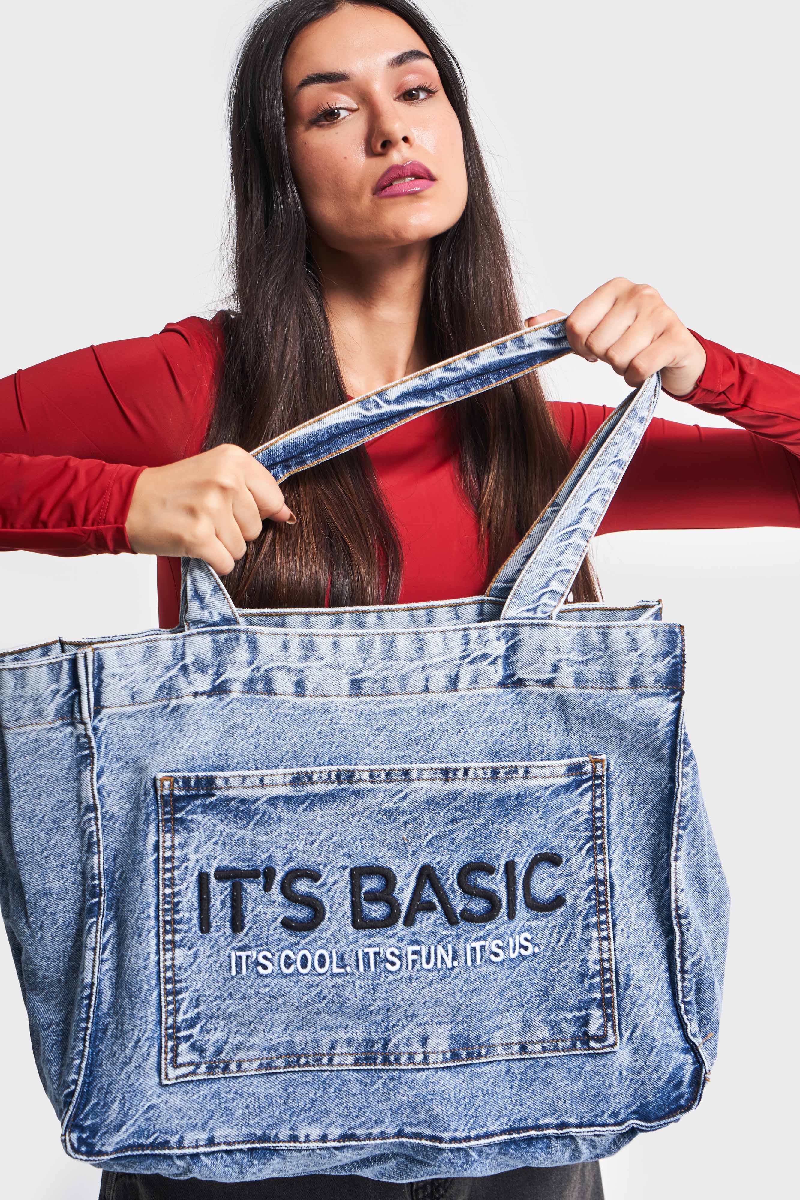 Dark Blue Color S3w427 Blue IT'S BASIC Embroidered Gusseted Pocket Denim Bag