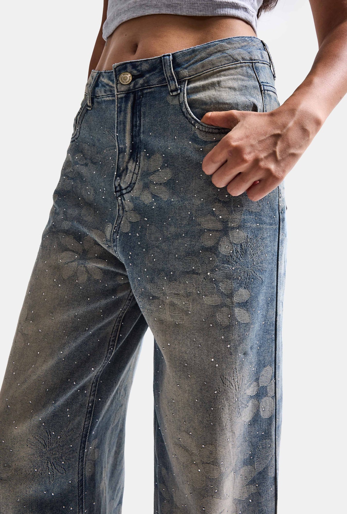 Kadın Mavi Baggy Fit T12T Özel Desenli Kumaş Parlak Taşlı Tasarım Denim Jean