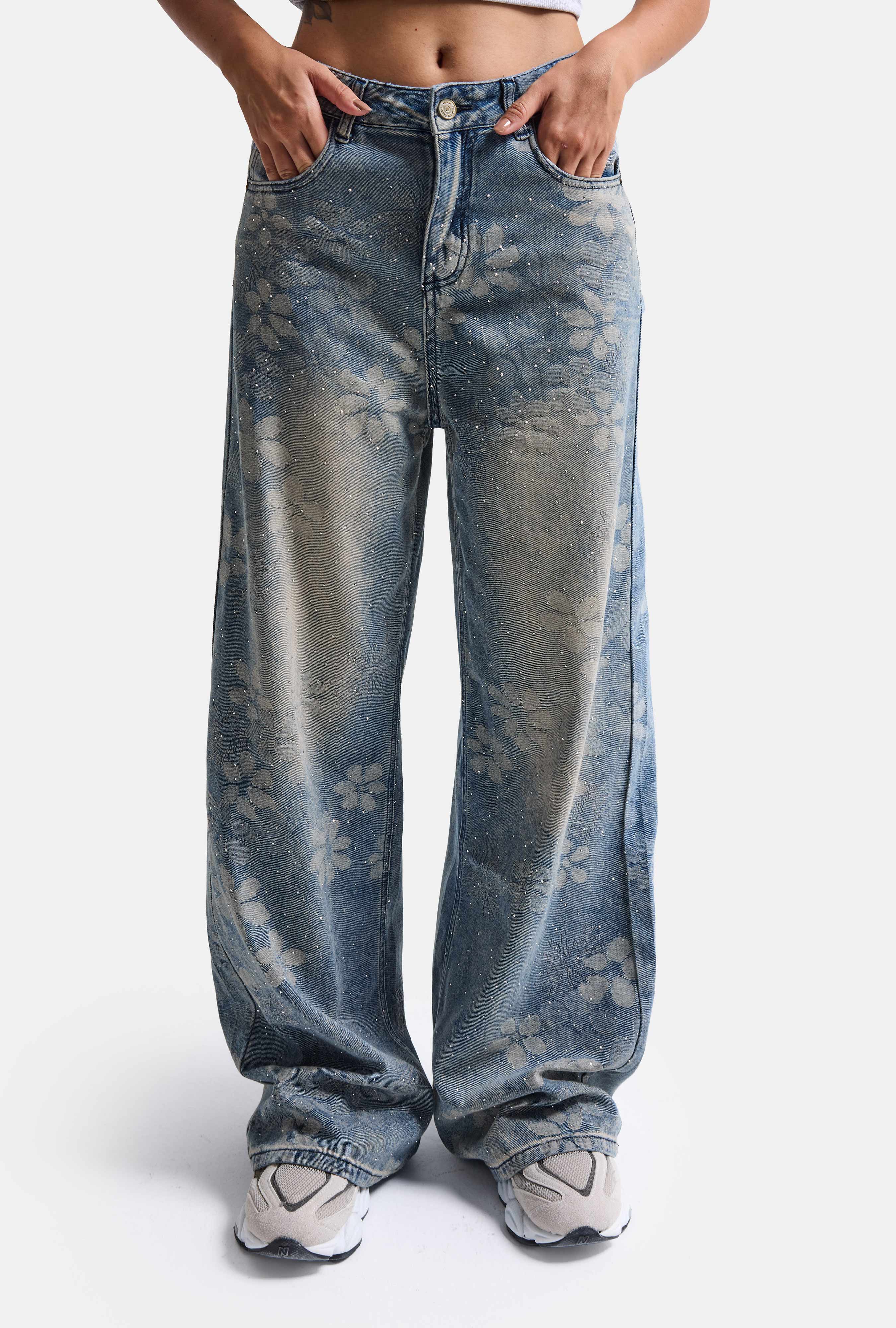 Kadın Mavi Baggy Fit T12T Özel Desenli Kumaş Parlak Taşlı Tasarım Denim Jean