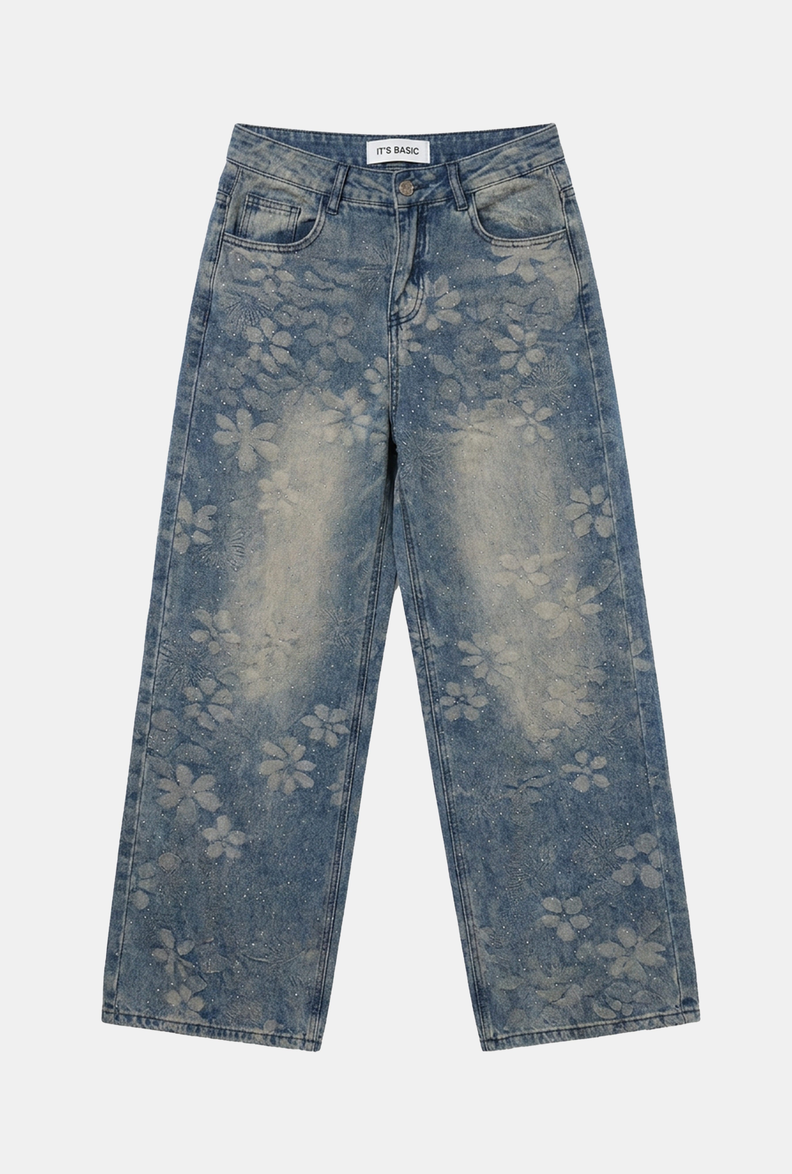 Kadın Mavi Baggy Fit T12T Özel Desenli Kumaş Parlak Taşlı Tasarım Denim Jean