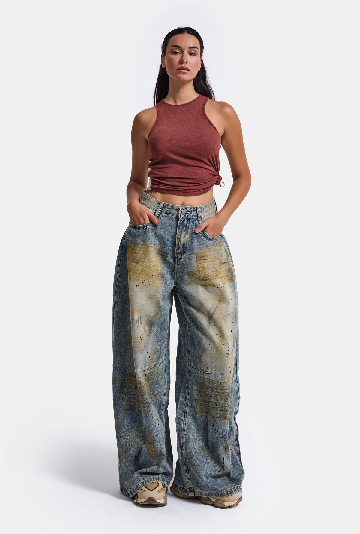 Kadın Kot Rengi Palazzo Fit T14T Özel Yıkama Tasarım Denim Jean