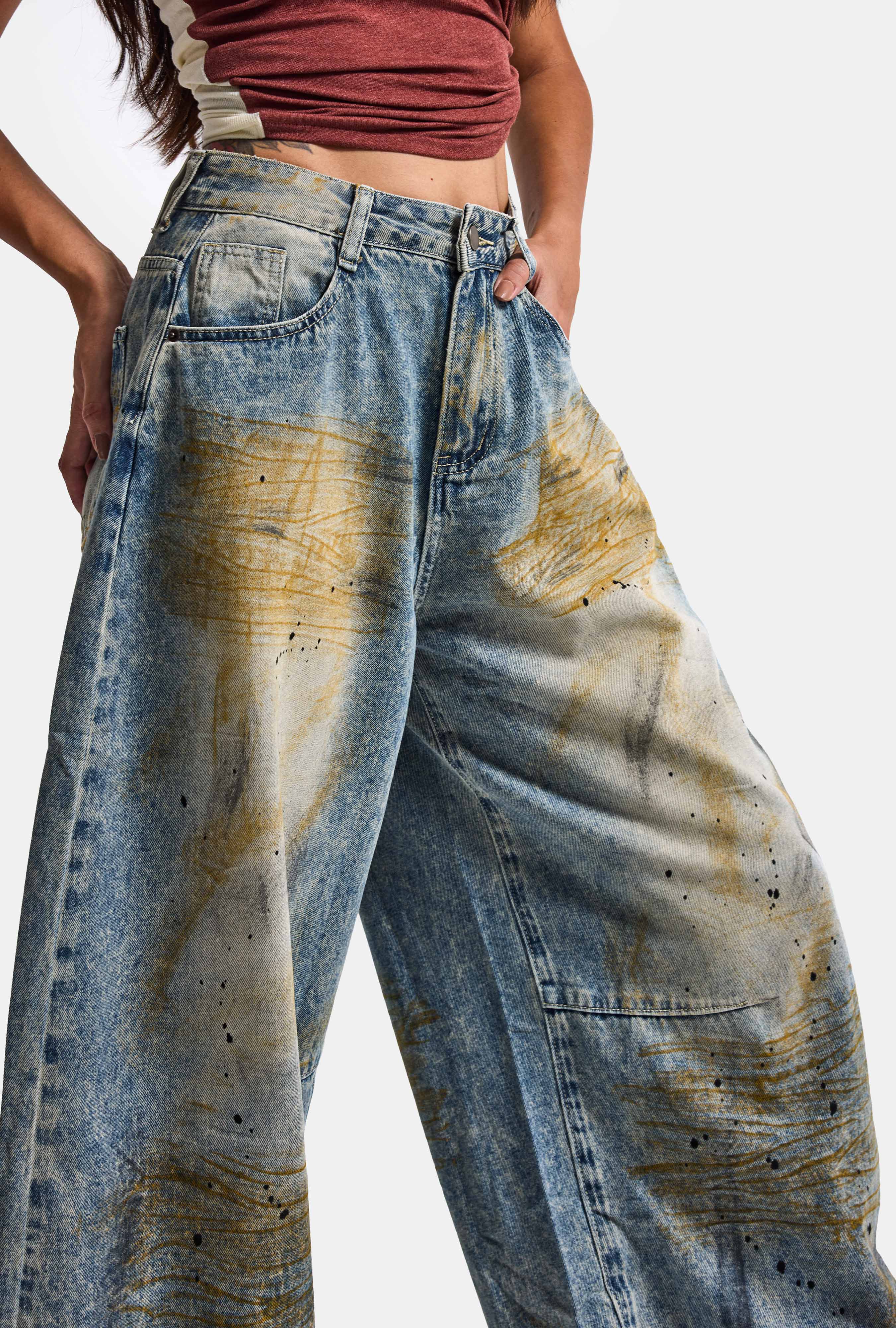 Kadın Kot Rengi Palazzo Fit T14T Özel Yıkama Tasarım Denim Jean