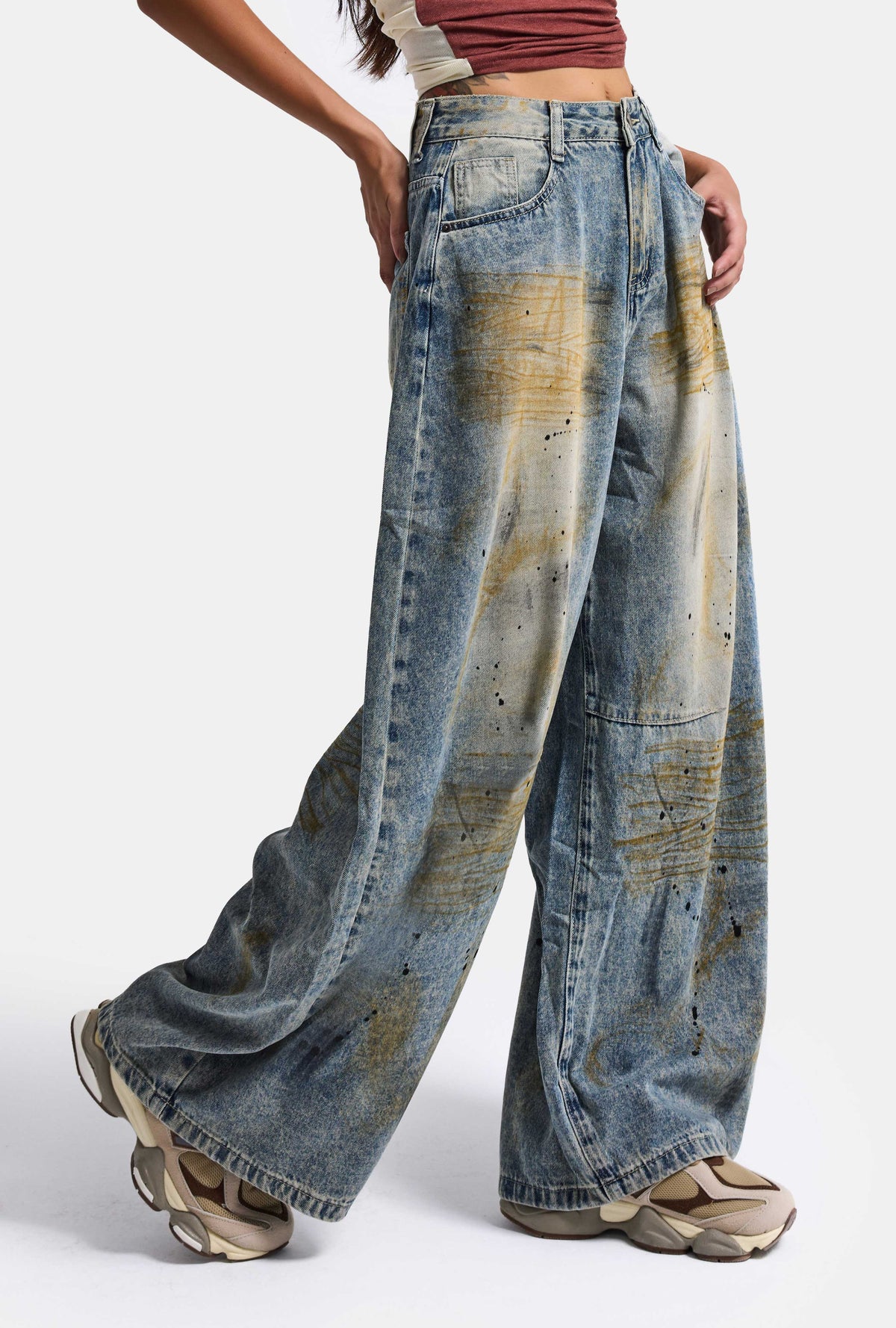 Kadın Kot Rengi Palazzo Fit T14T Özel Yıkama Tasarım Denim Jean