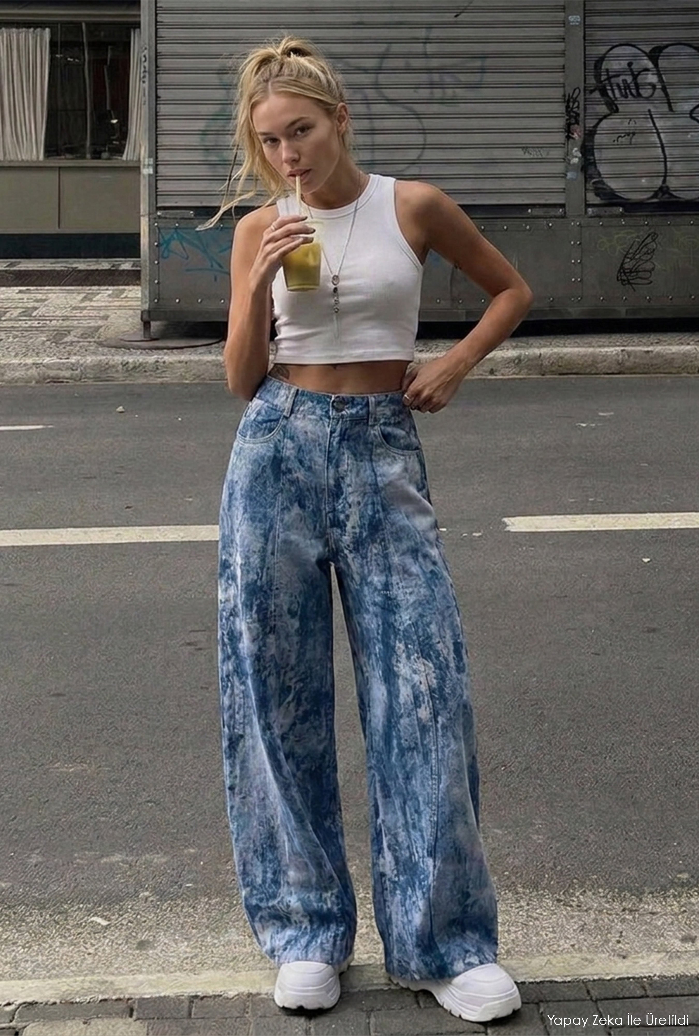 Kadın Mavi Baggy Fit Özel Kumaş Tasarım Pantolon