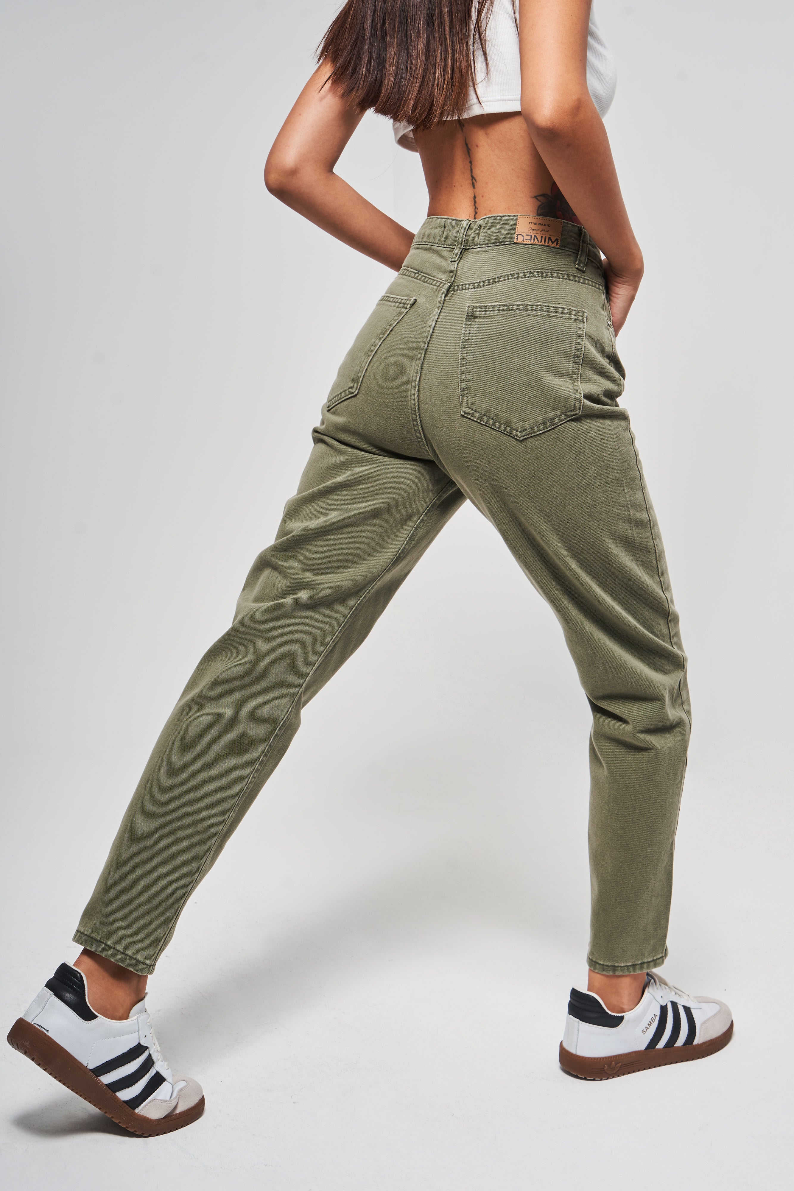 Coral High Waist Khaki Women Mom Jeans