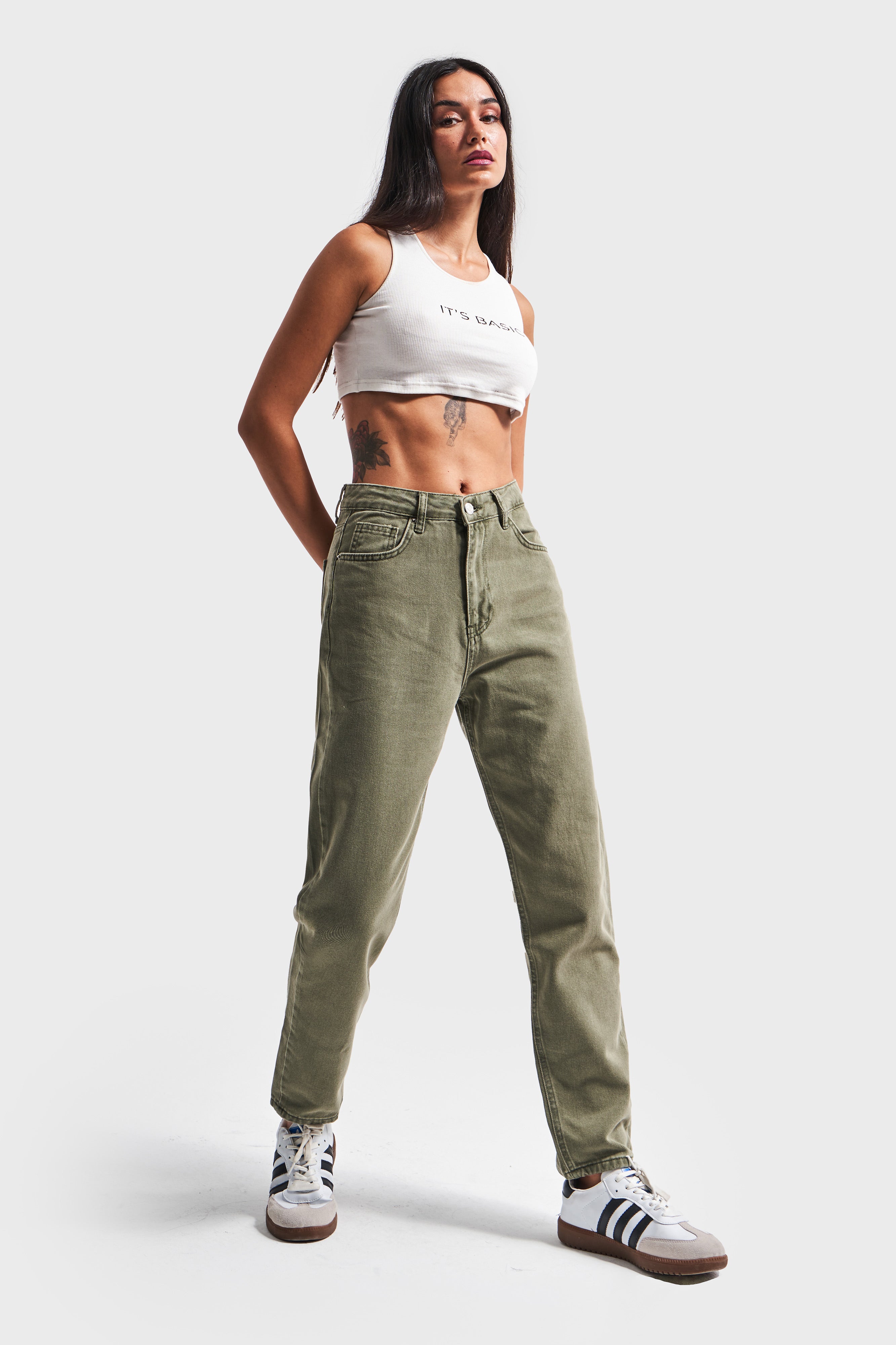 Coral High Waist Khaki Women Mom Jeans