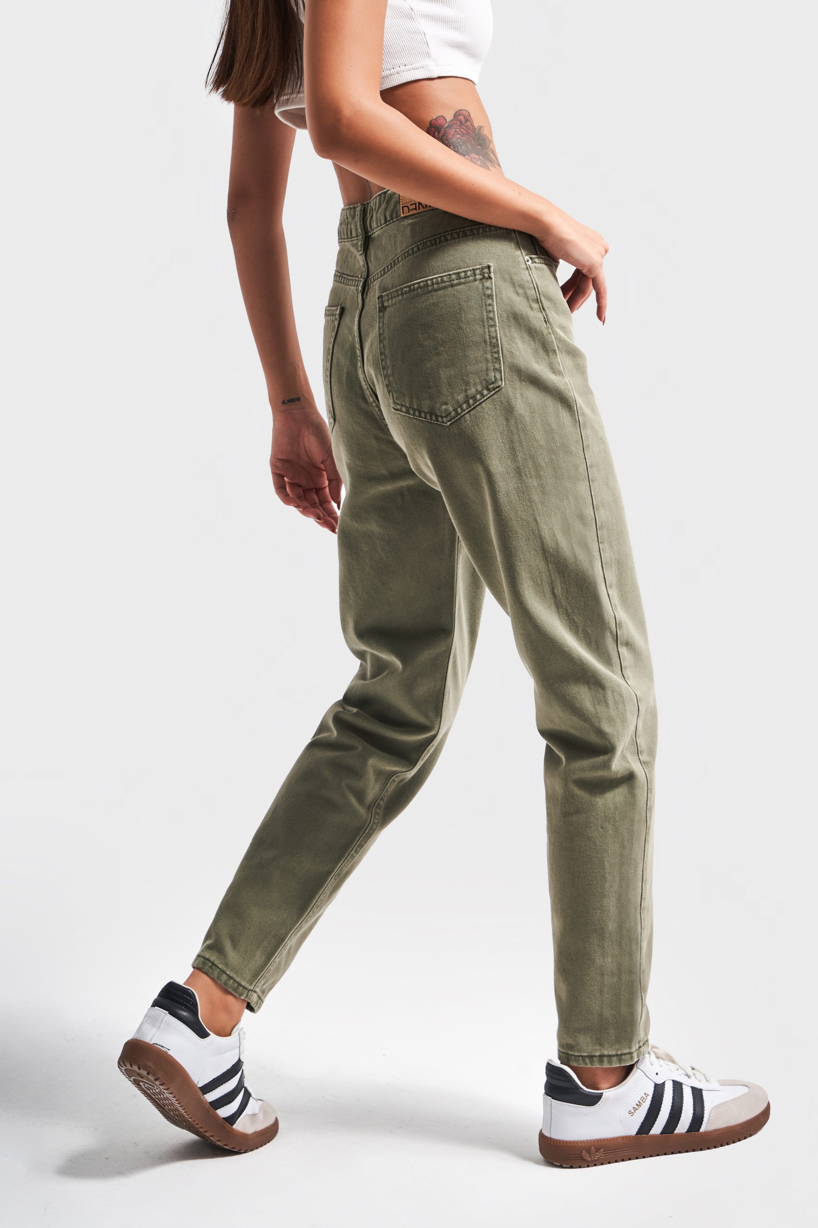 Coral High Waist Khaki Women Mom Jeans