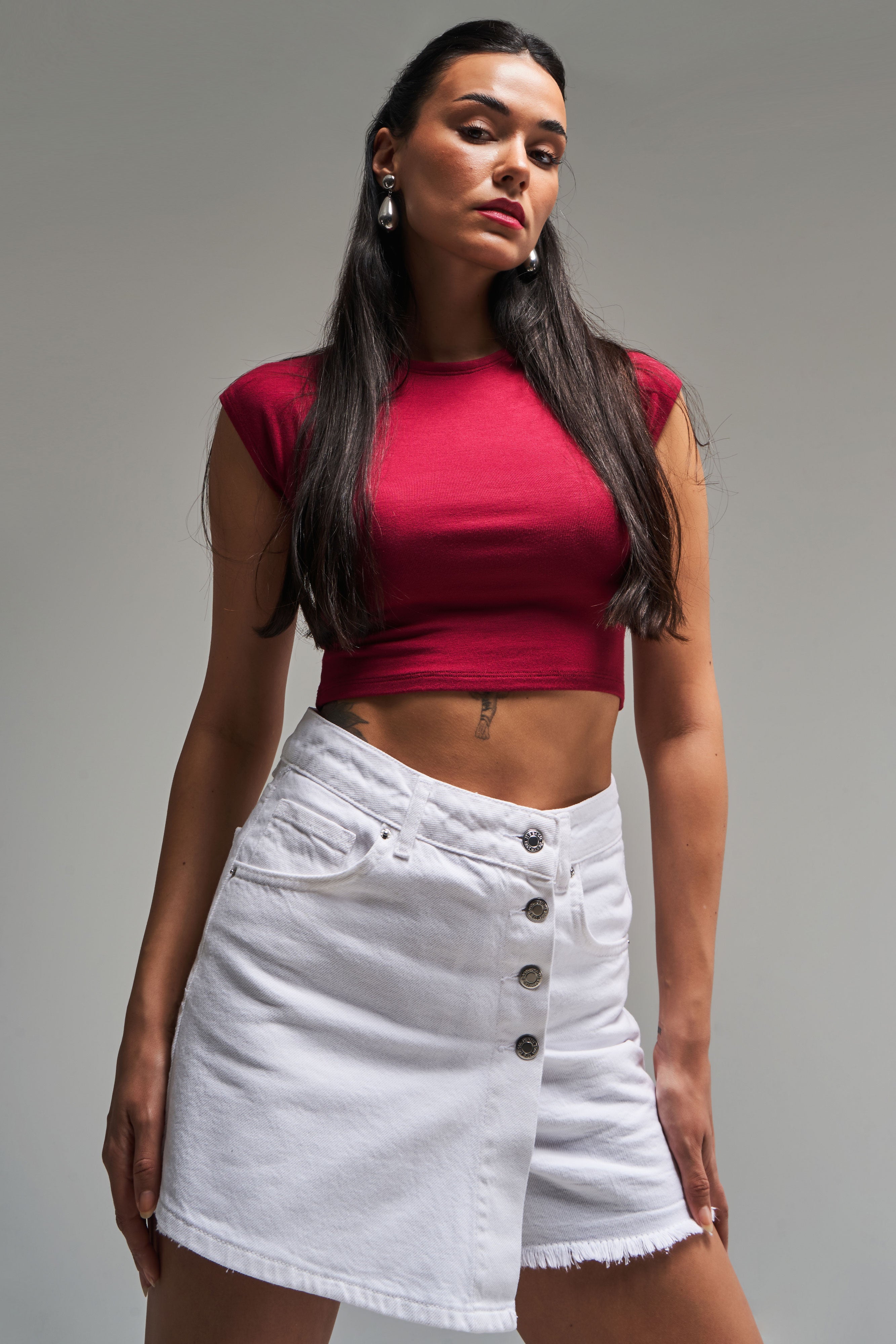 Buttoned Front White Color Women's Jean Shorts Skirt