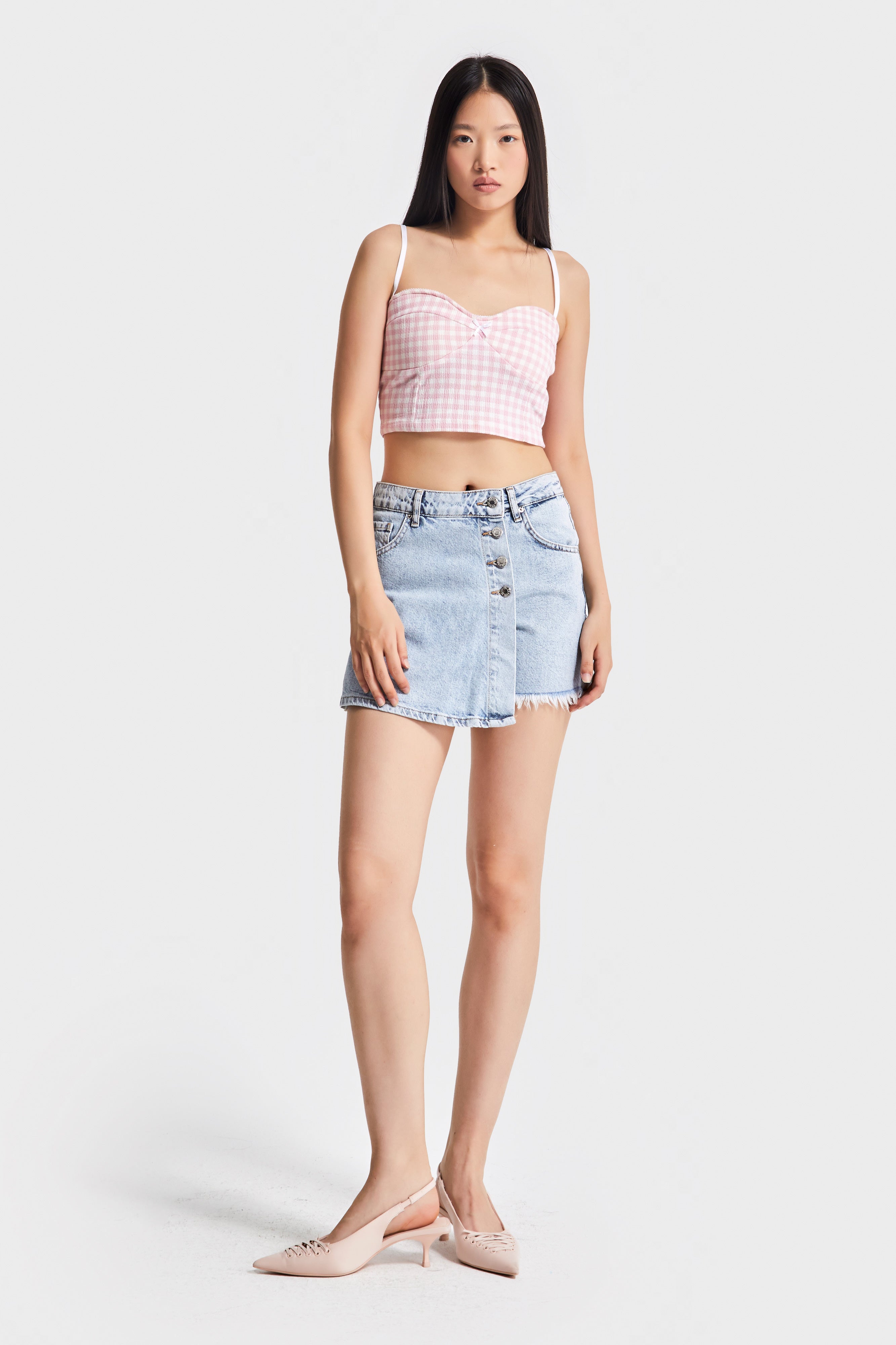 Snow Denim Color Women's Jean Shorts Skirt with Front Buttons