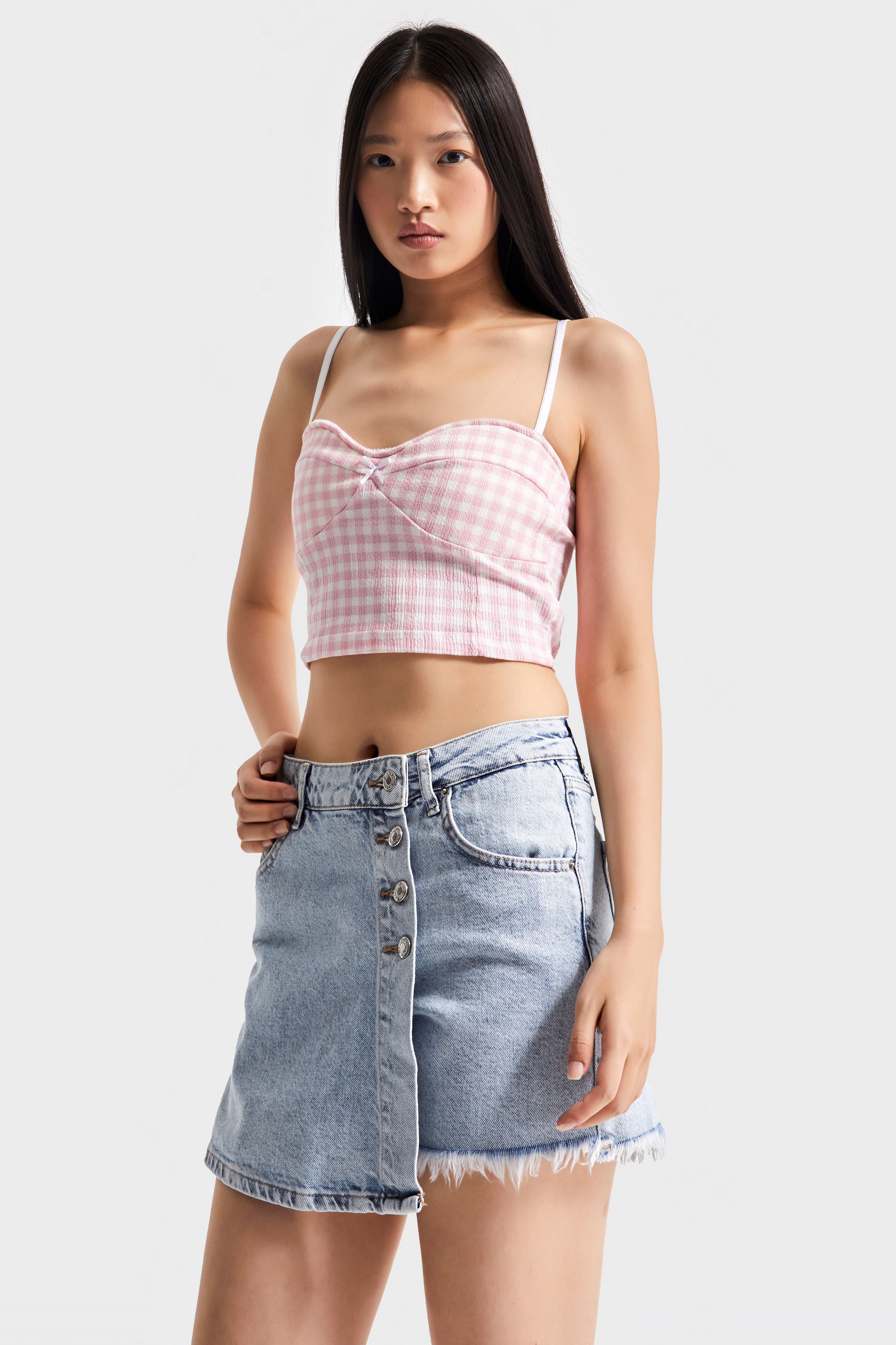 Snow Denim Color Women's Jean Shorts Skirt with Front Buttons