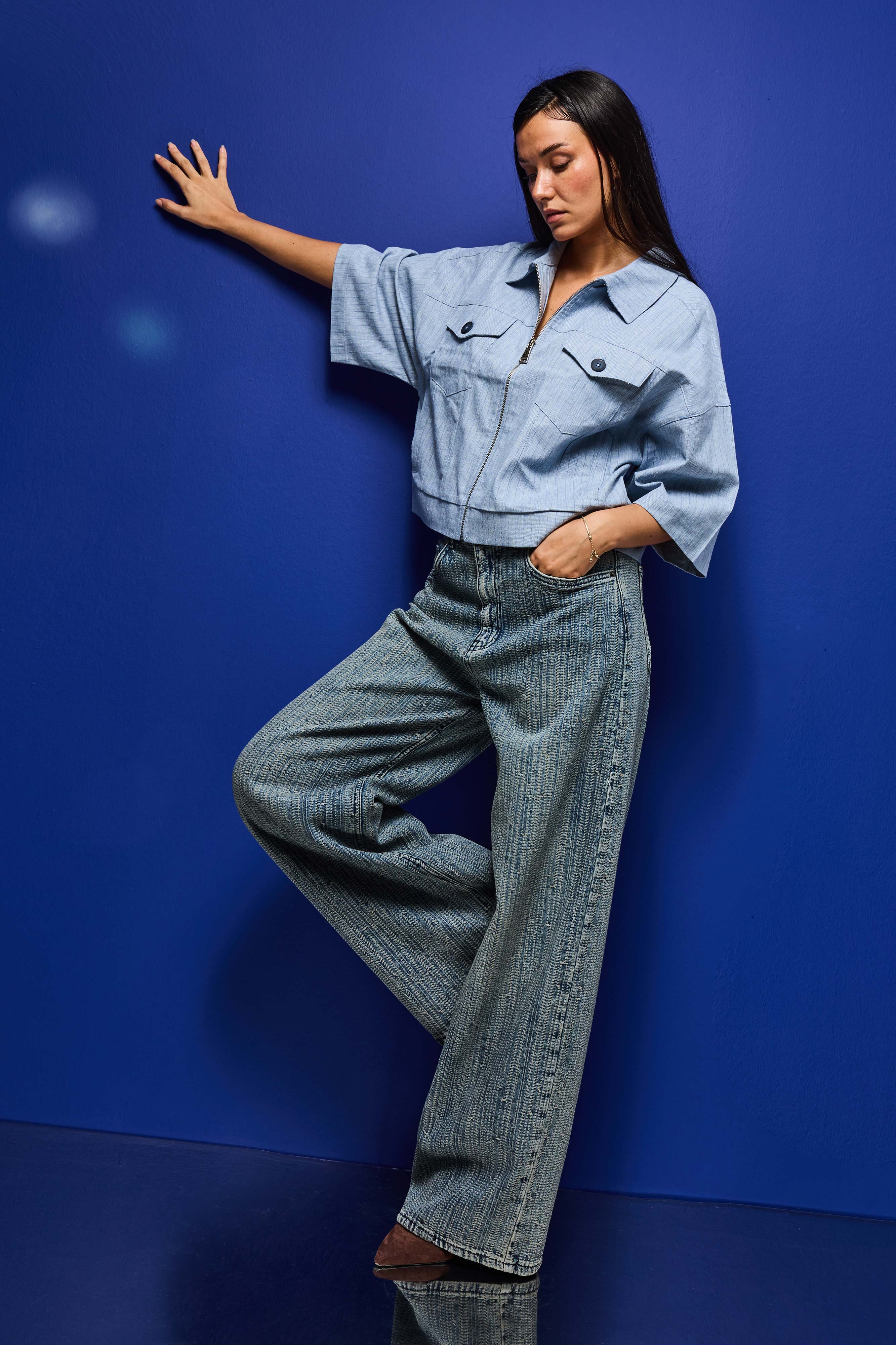 Kadın T.Kot Rengi 4w5-32 Süper Baggy Fit Özel Kumaş Tasarım Denim Jean