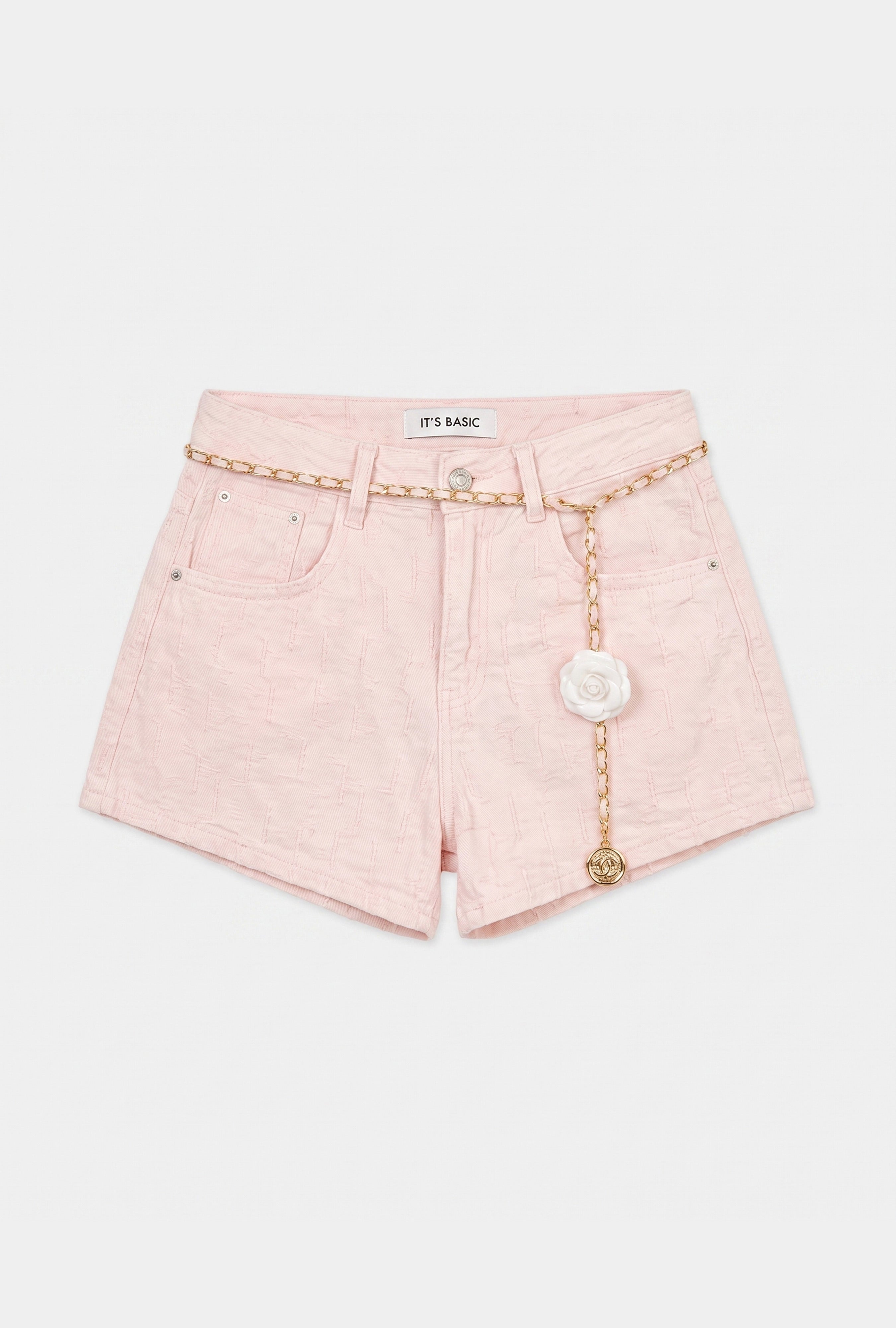 Kadın Pembe Özel Kumaş Güllü Kemerli Tasarım Mini Denim Şort