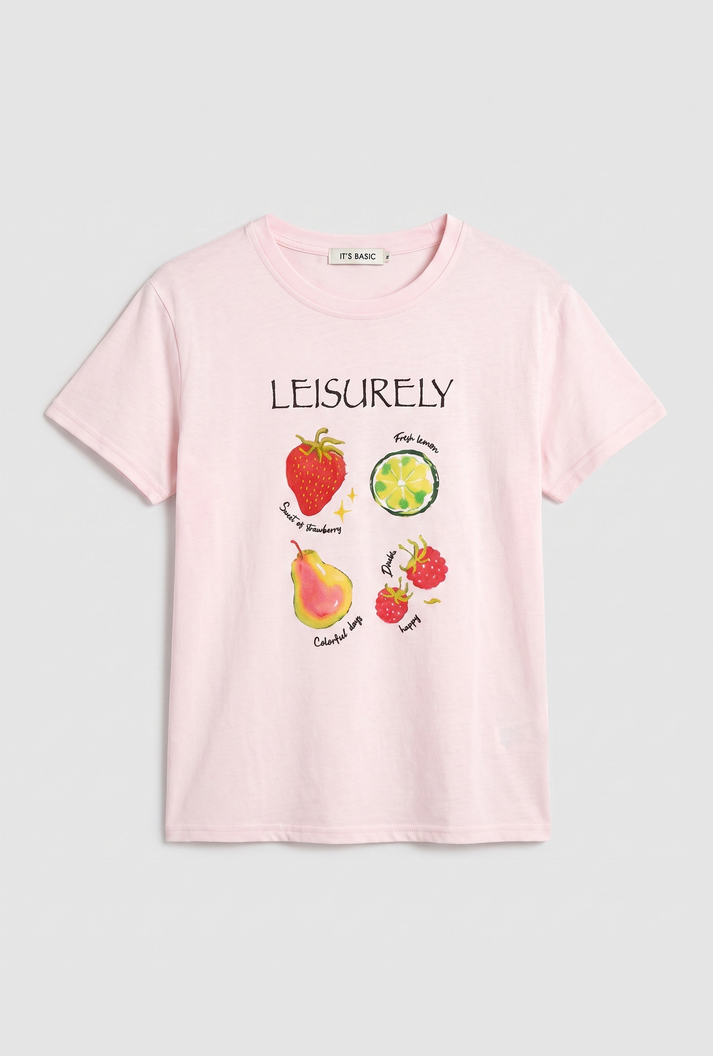 Kadın Pembe Meyve Baskılı Bol Kesim Tasarım T-Shirt