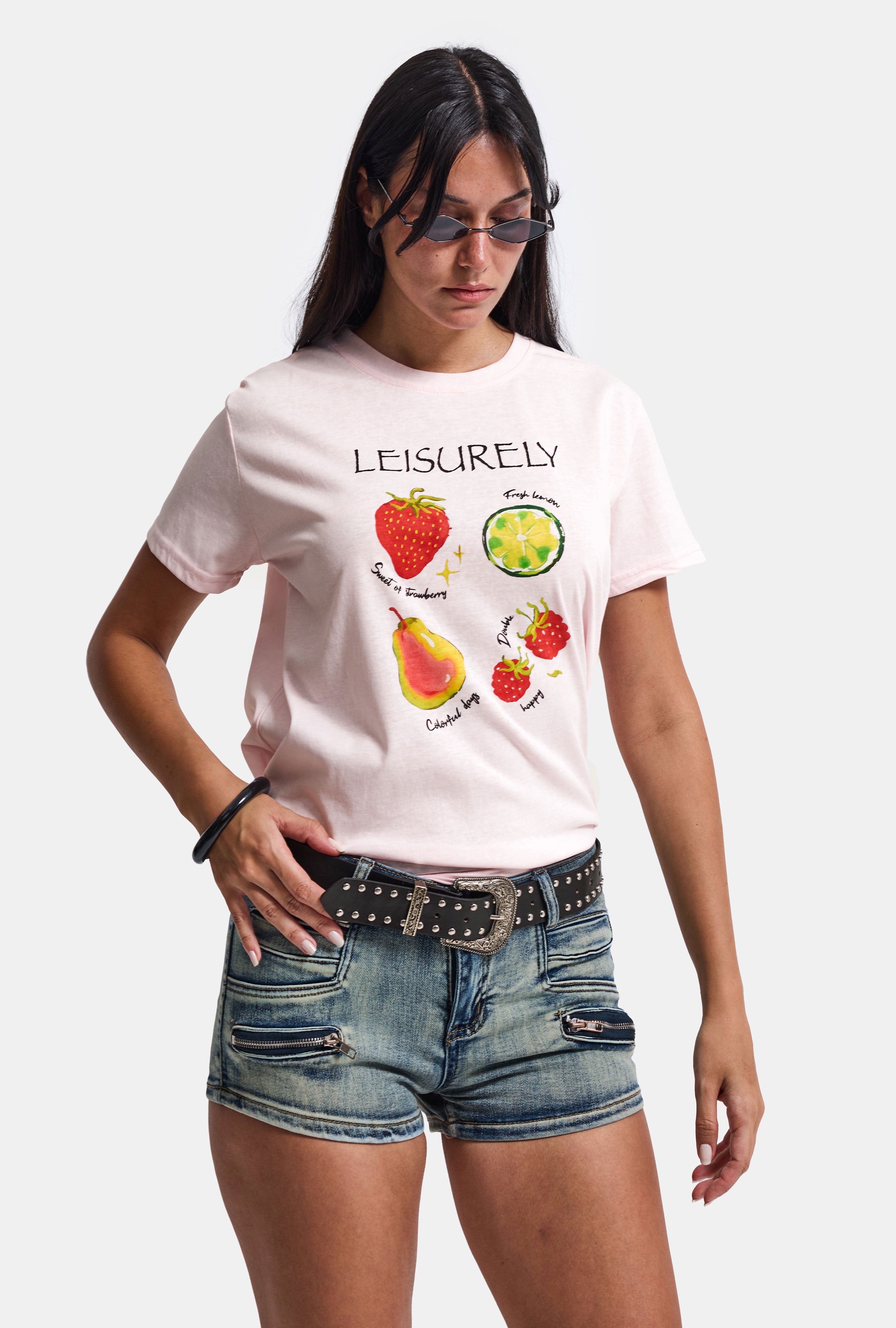 Kadın Pembe Meyve Baskılı Bol Kesim Tasarım T-Shirt