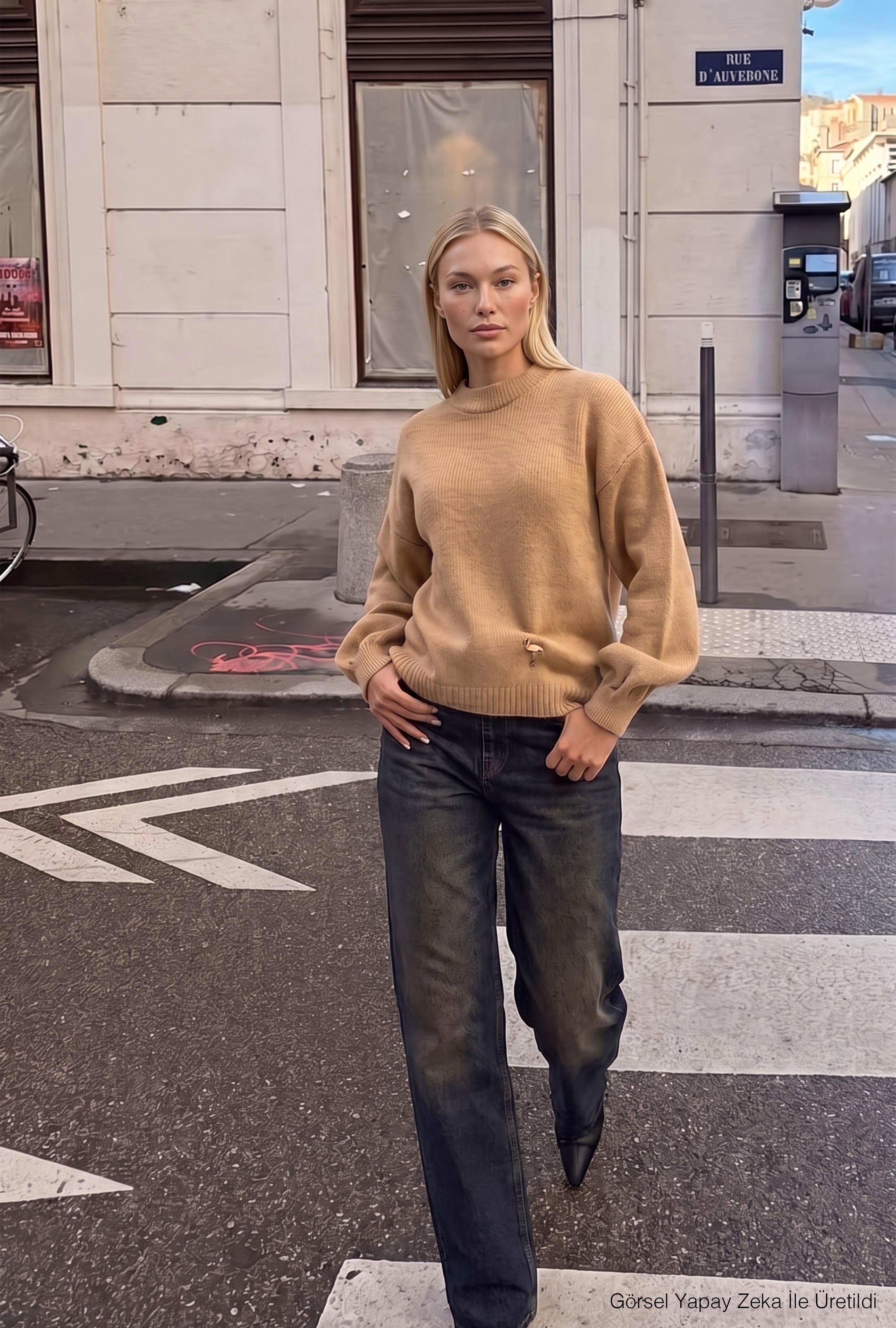 Kadın Vizon w6-111 Oversize Aksesuar Detaylı Tasarım Triko Kazak