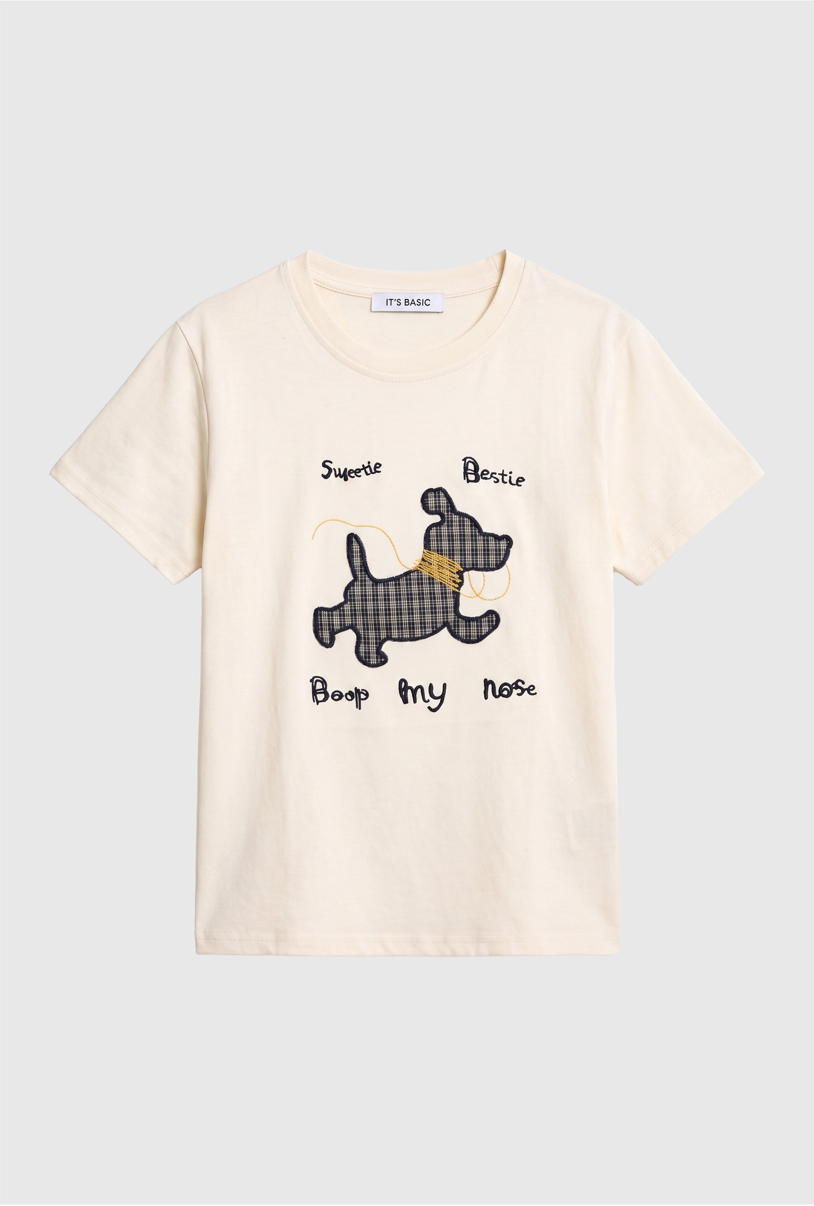 Kadın Bej Bol Kesim Köpek Nakışlı Özel Tasarım T-Shirt