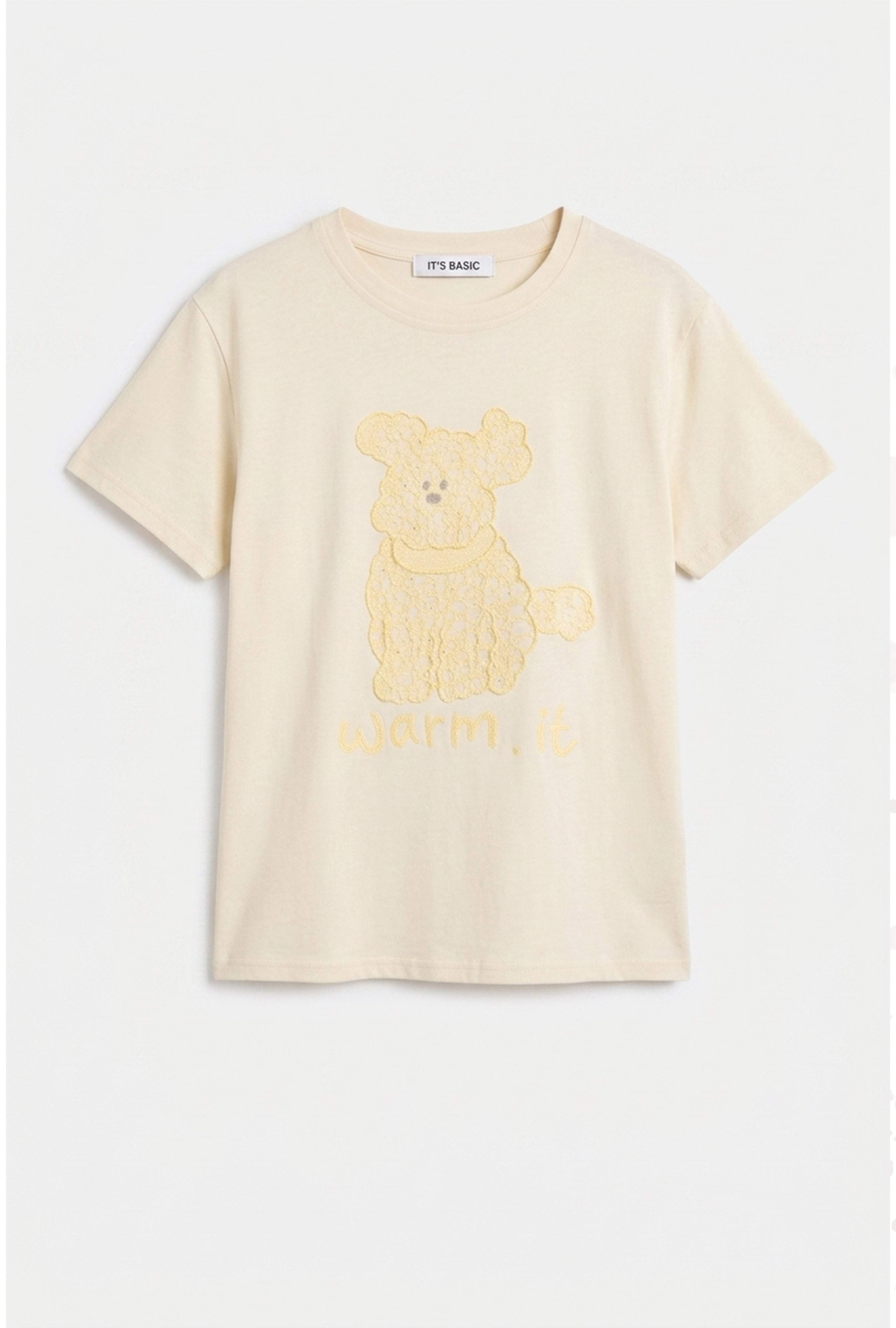 Kadın Bej Bol Kesim Köpüş Nakış Tasarım T-Shirt