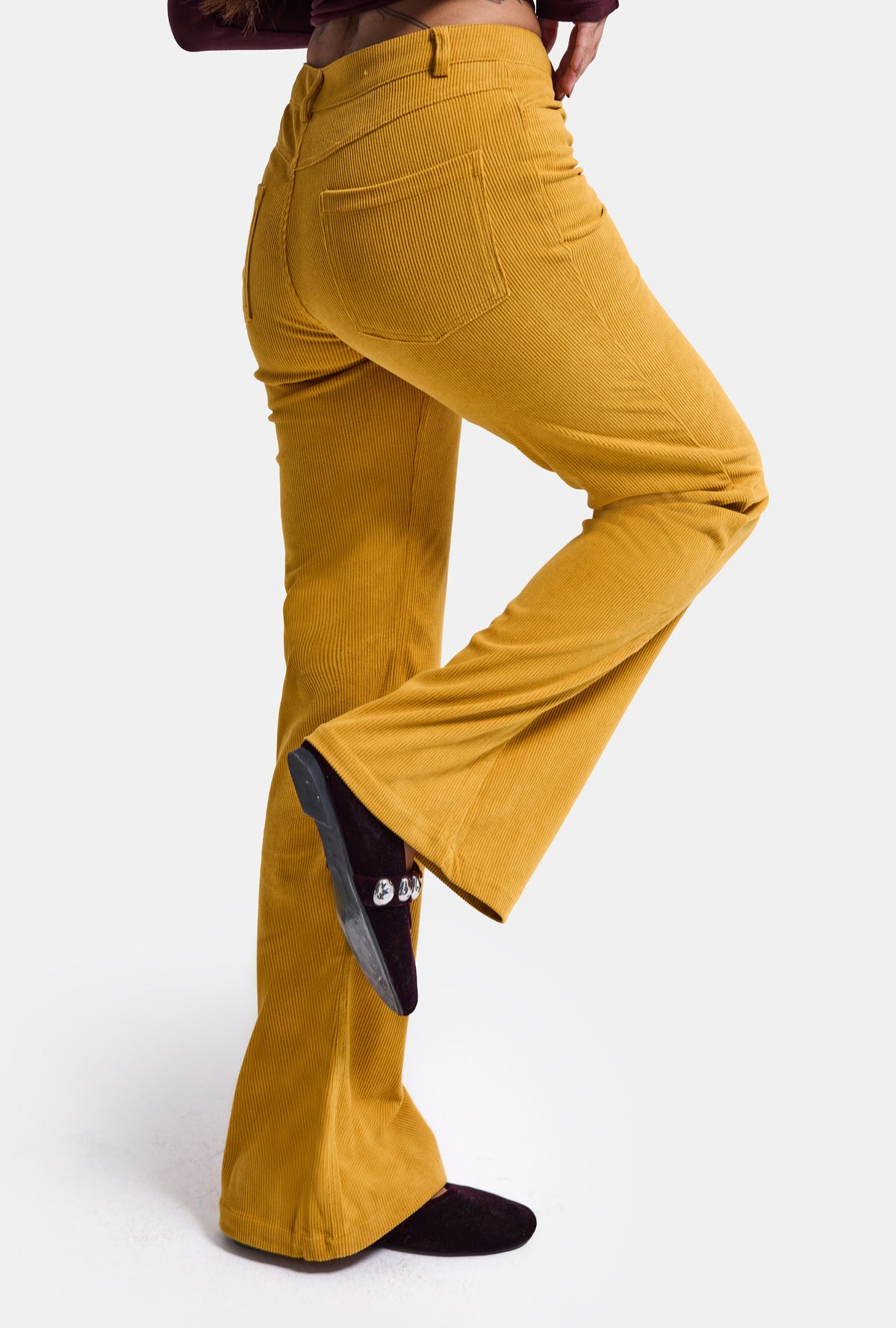 Kadın Hardal Sarı Flare Fit Velvet Kadife Kumaş Pantolon