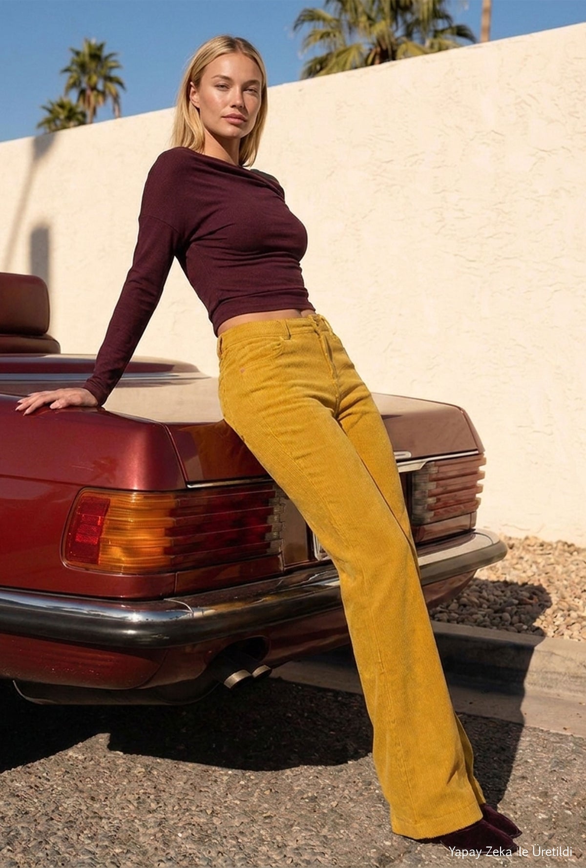 Kadın Hardal Sarı Flare Fit Velvet Kadife Kumaş Pantolon