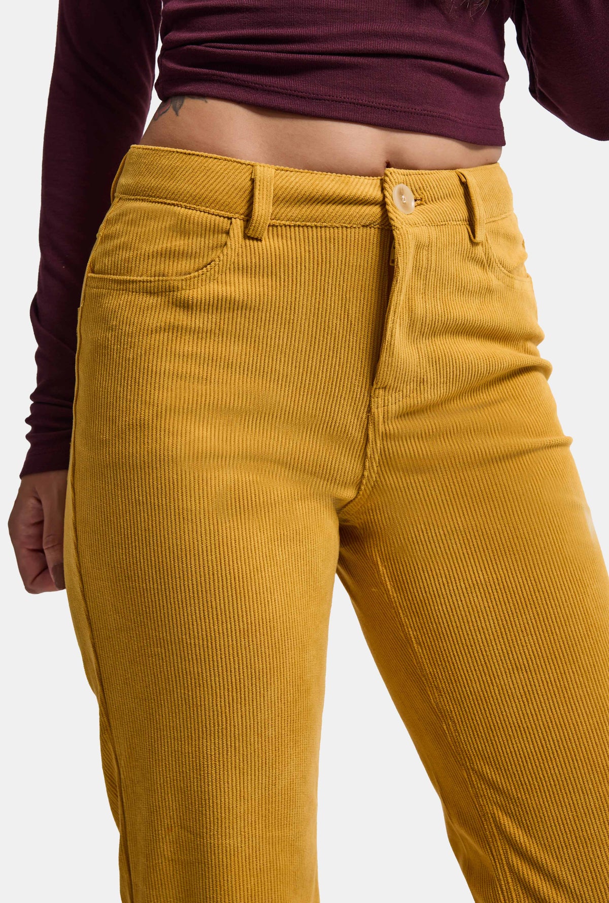 Kadın Hardal Sarı Flare Fit Velvet Kadife Kumaş Pantolon
