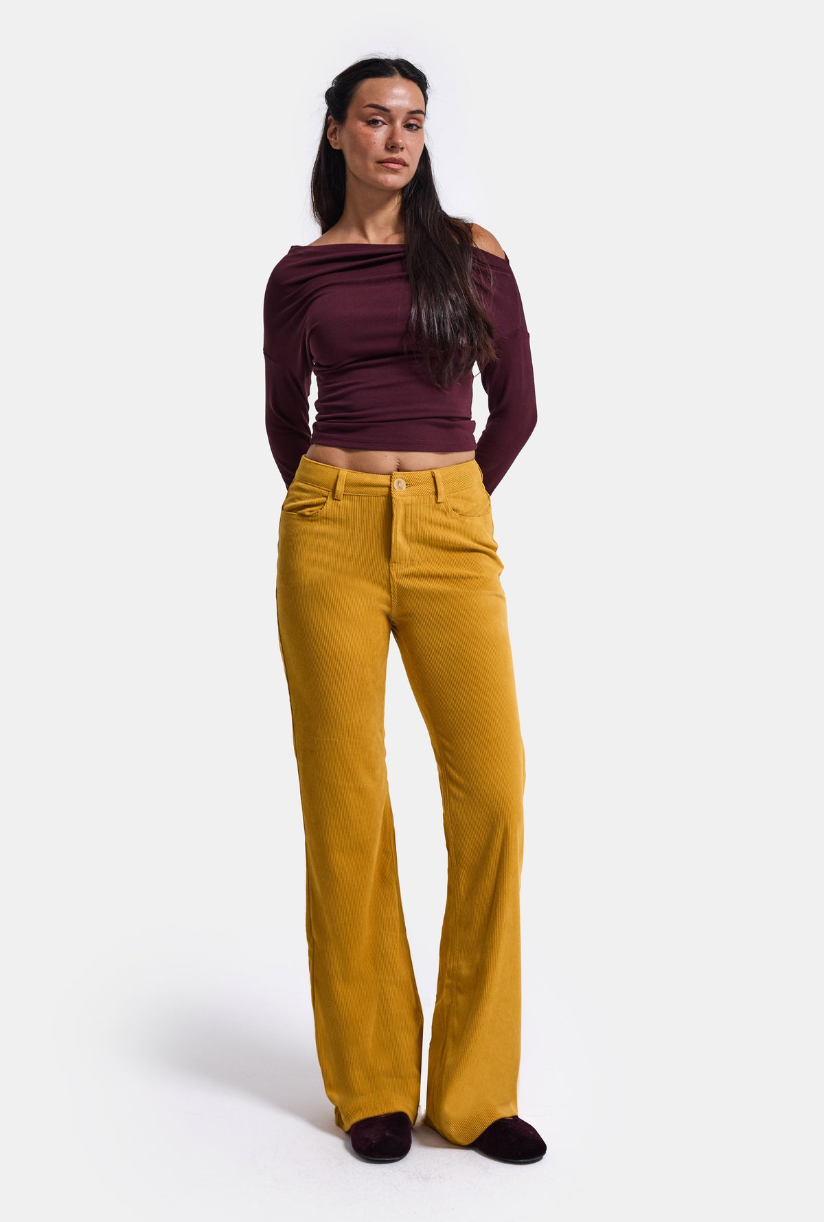 Kadın Hardal Sarı Flare Fit Velvet Kadife Kumaş Pantolon