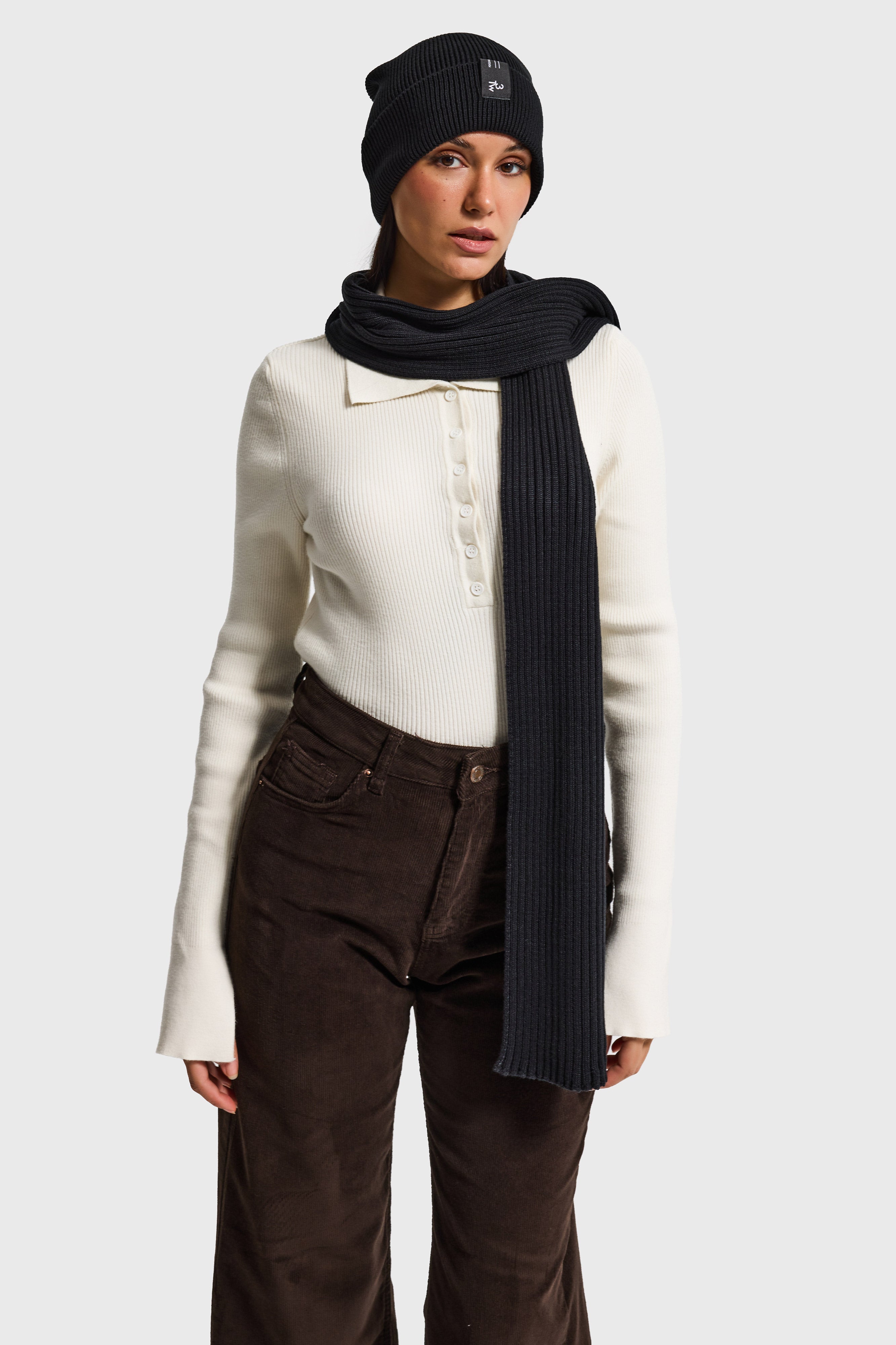 Siyah Fitilli Kumaş Bere Atkı 2'li Takım