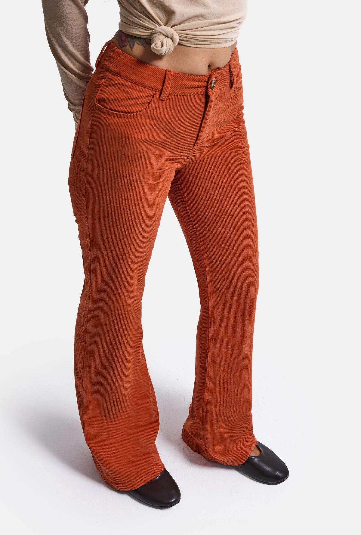 Kadın Turuncu Flare Fit Velvet Kadife Kumaş Pantolon