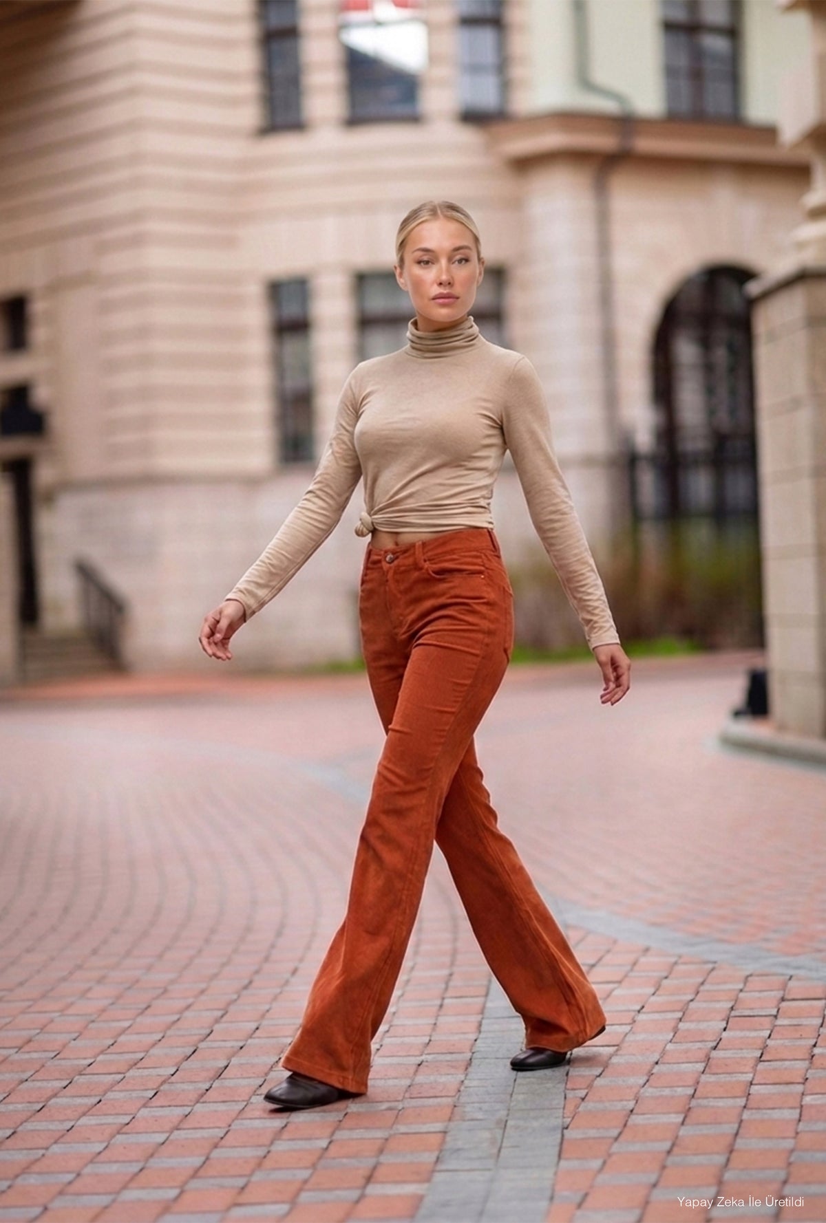 Kadın Turuncu Flare Fit Velvet Kadife Kumaş Pantolon