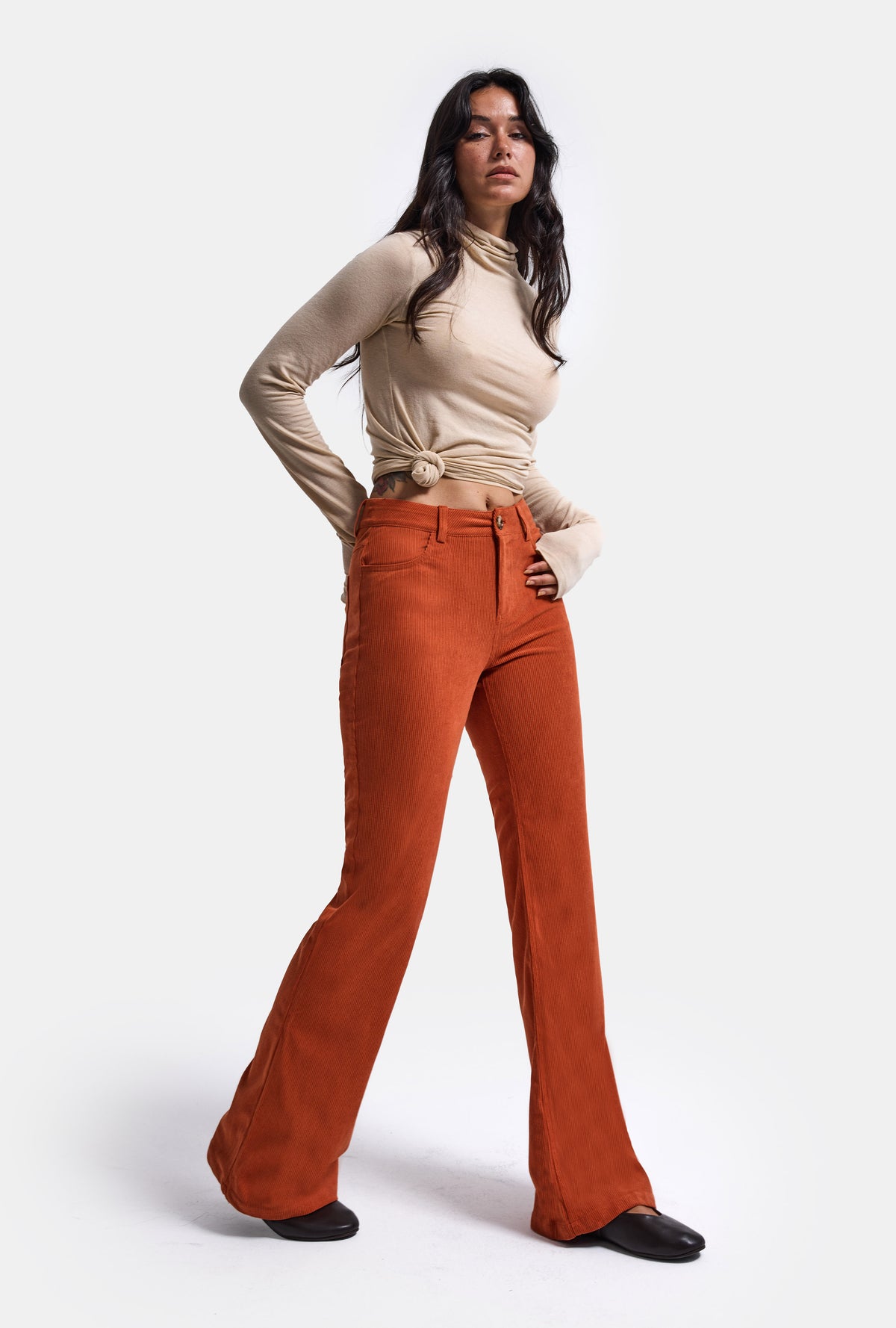 Kadın Turuncu Flare Fit Velvet Kadife Kumaş Pantolon