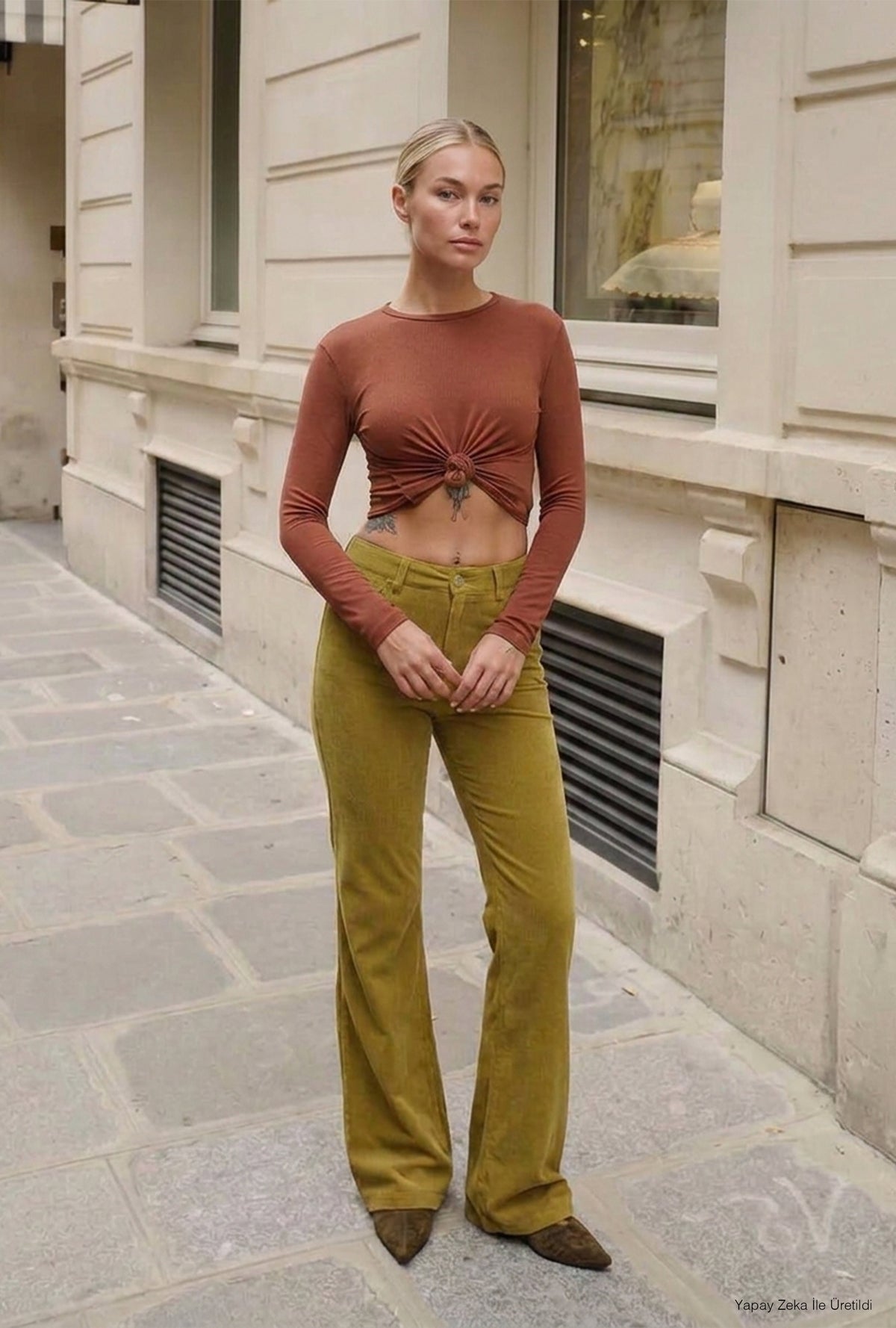 Kadın Yağ Yeşili Flare Fit Velvet Kadife Kumaş Pantolon