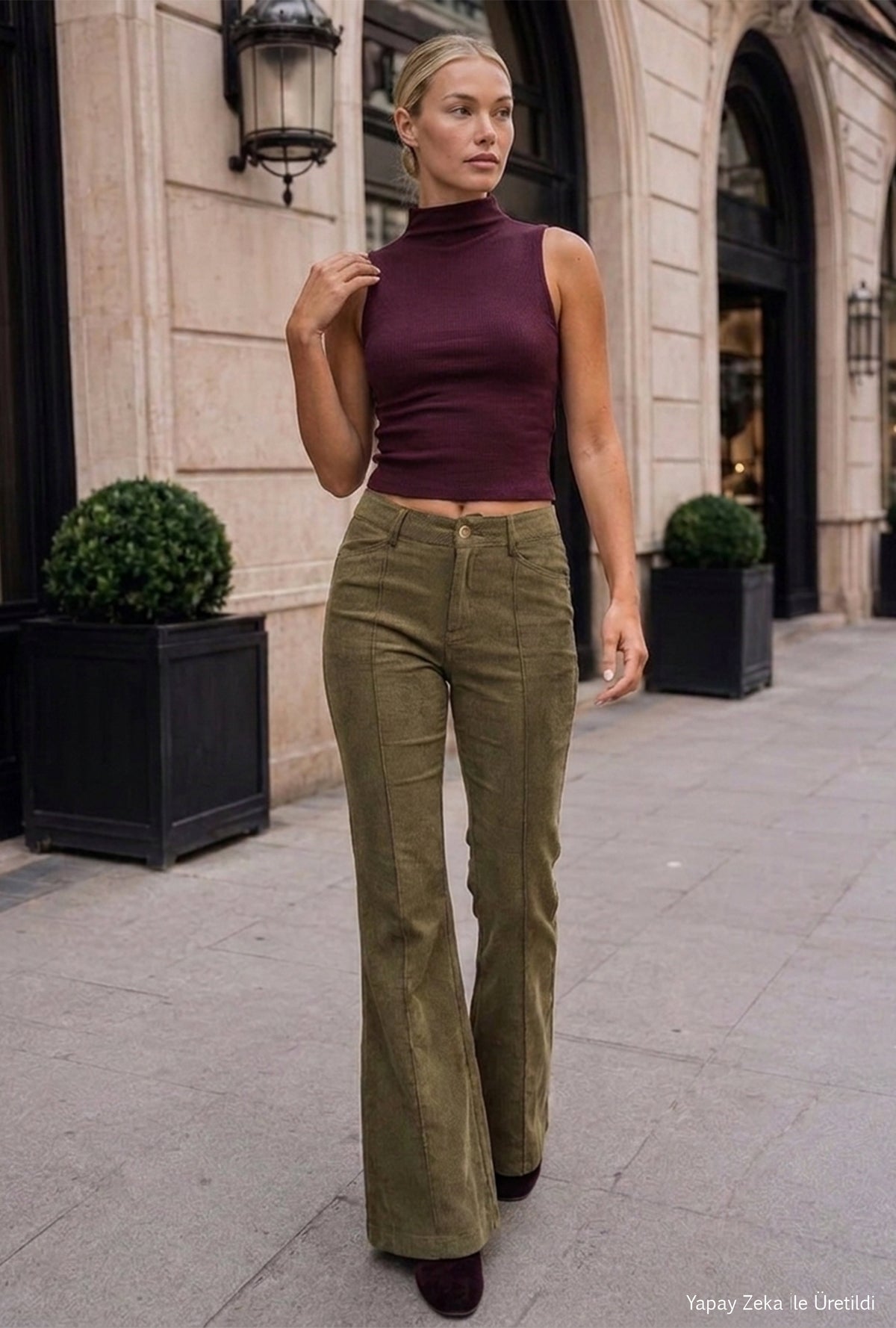 Kadın Haki Flare Fit Pürüzsüz Dokulu Esnek Velvet Kadife Kumaş Pantolon