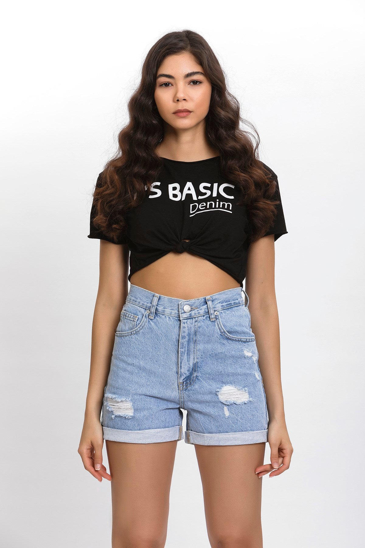 Ripped Model High Waist Denim Color Jeans