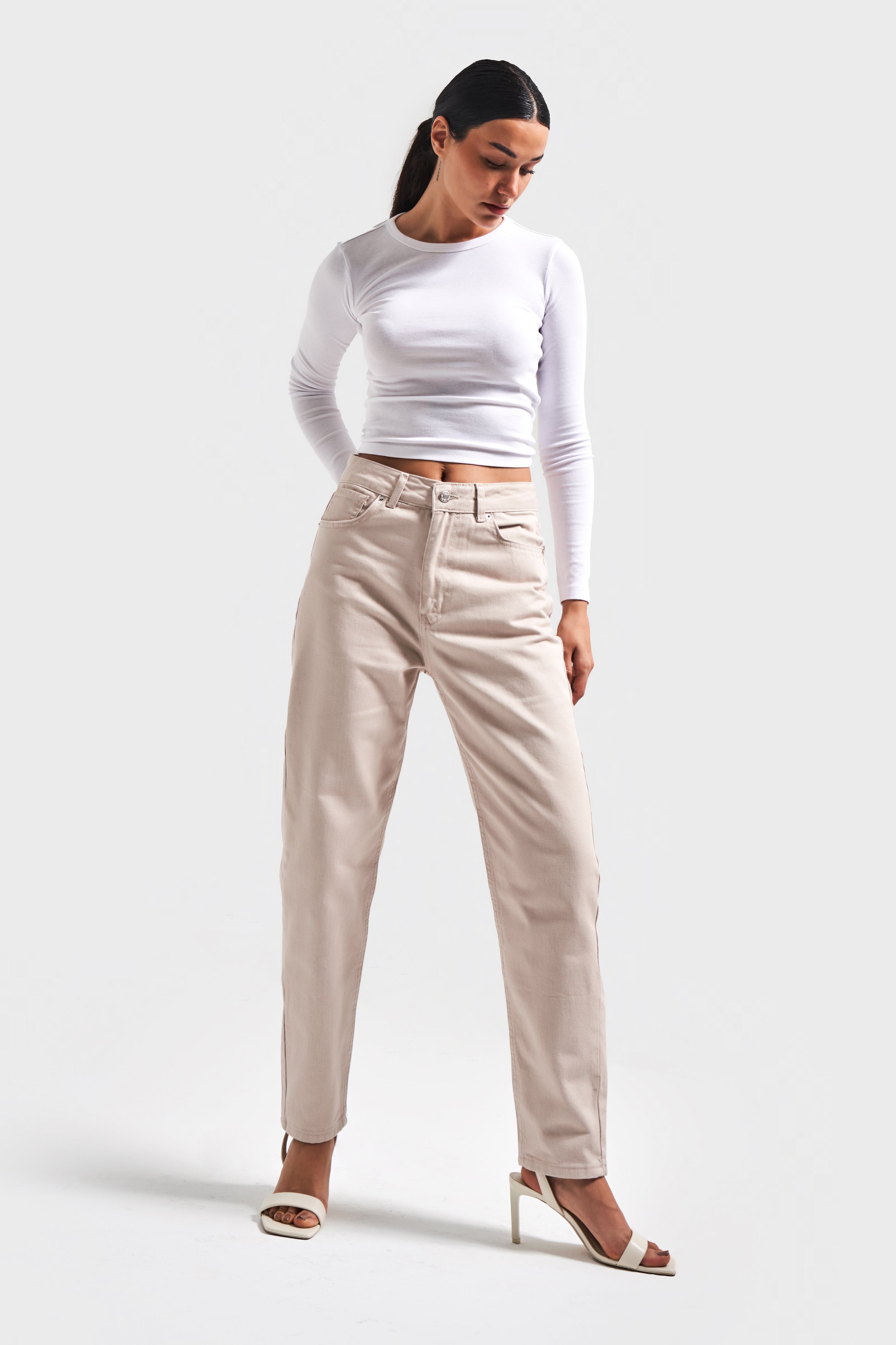 High Waist Beige Mom Jeans