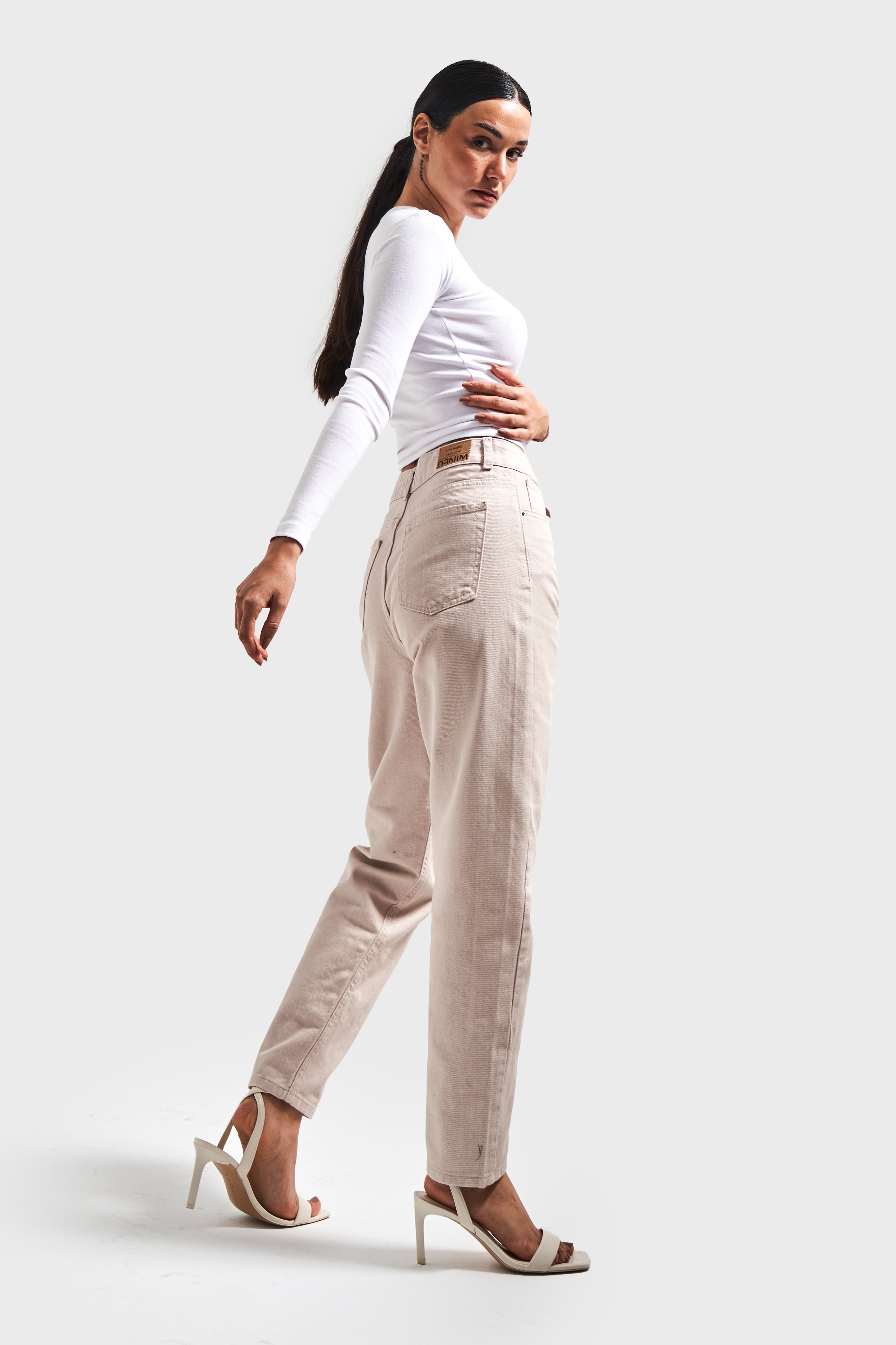 High Waist Beige Mom Jeans